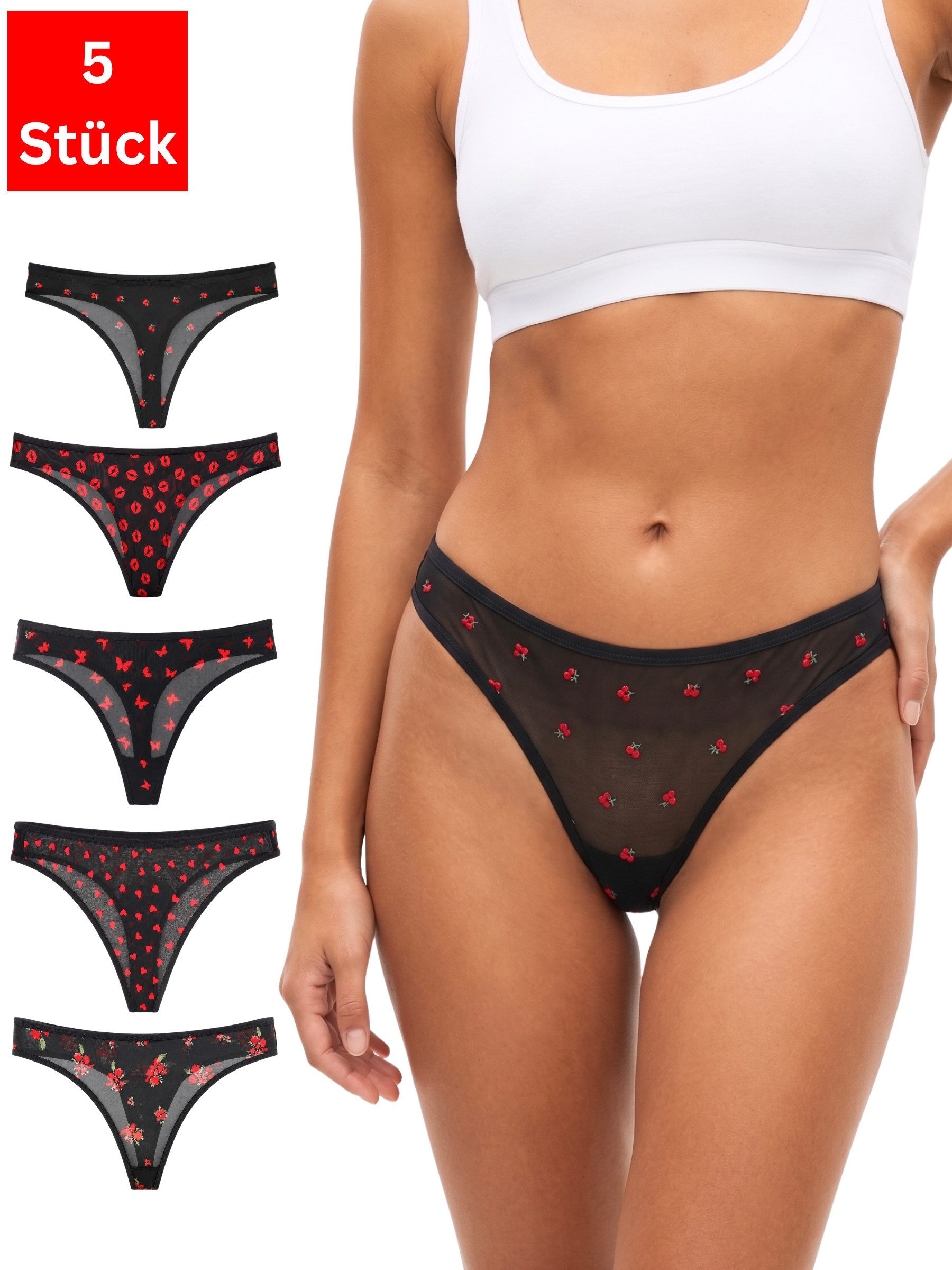 Elegant Love String Damen Stringtanga, transparentes Mesh, schwarz mit roten Prints (Packung, 5-St., 5er-Pack) Unterwäsche im Mehrpack – bequeme Panties