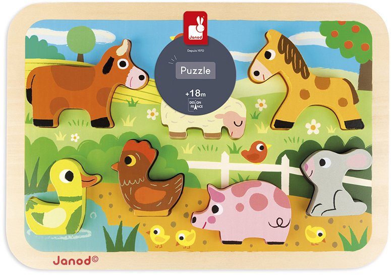 Holzspielzeug, Bauernhof, 7 Puzzleteile Chunky Puzzle Holzfiguren-Puzzle Janod