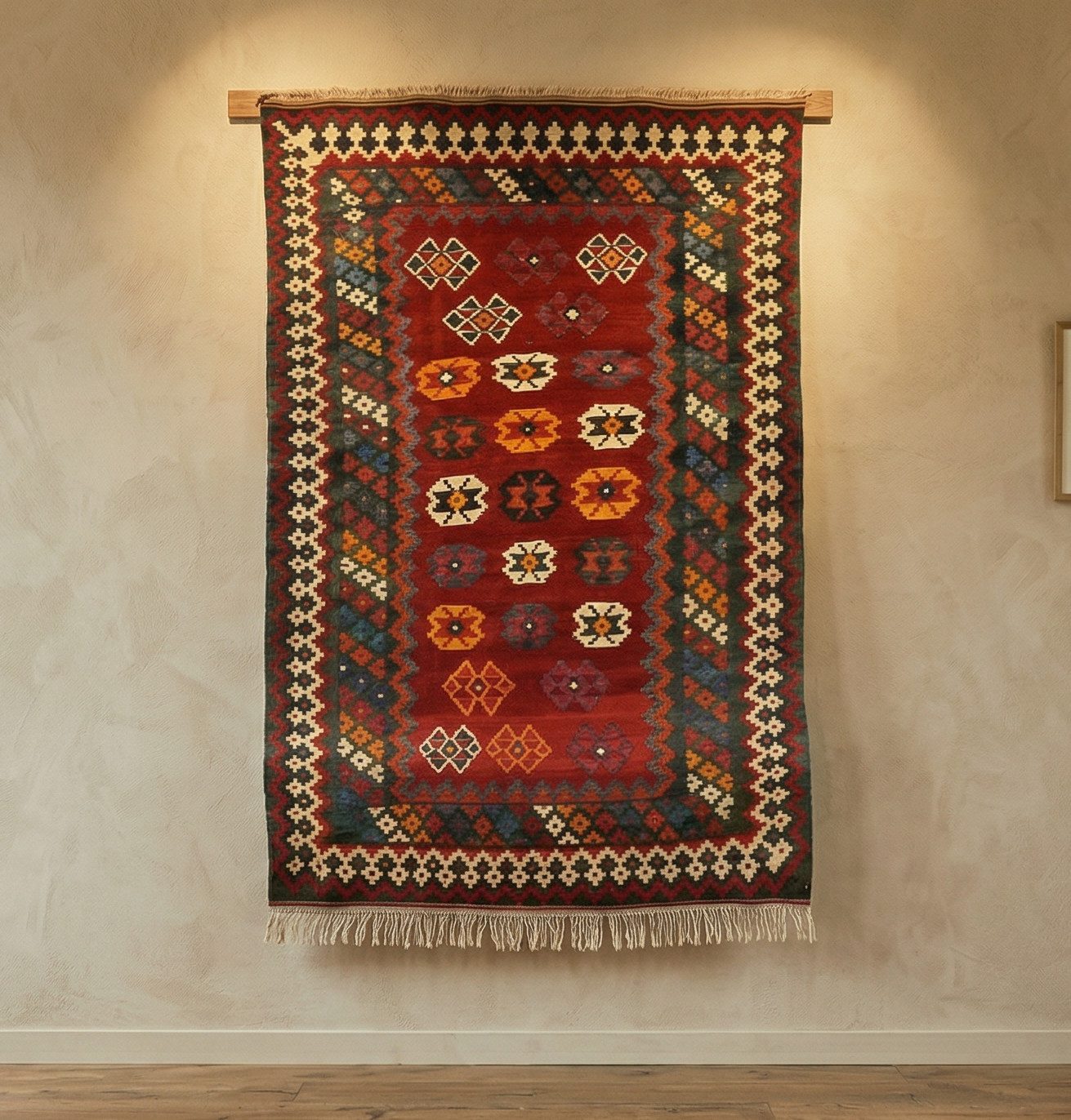 KUHFELL online & NOMAD Orientteppich Vintage Kelim Fars Teppich 220 x 135 cm Wolle Rot Blau Orange, Handgewebt
