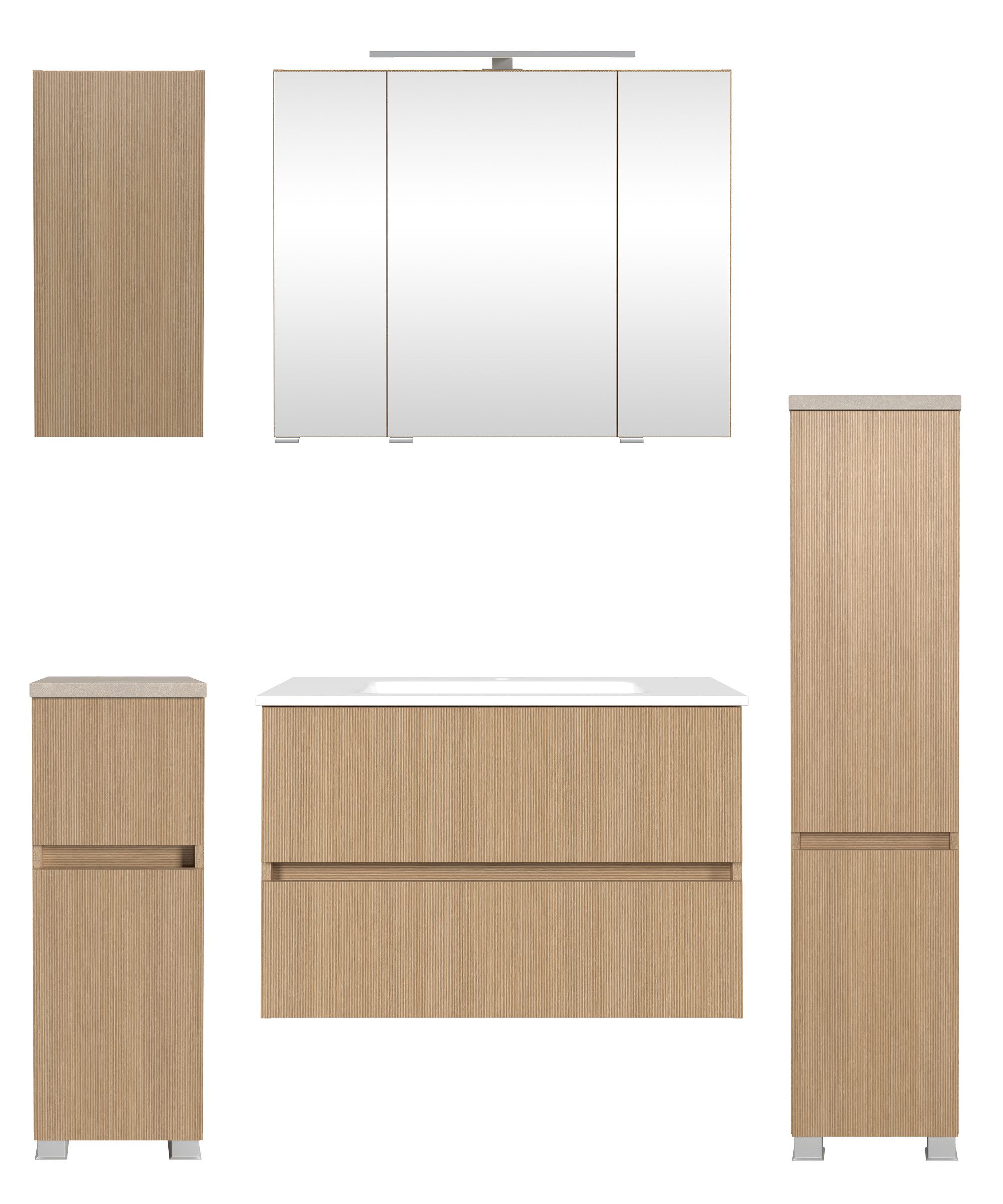 welltime Badmöbel-Set EIXO, 5tlg.-Set: Spiegelschrank, Waschtisch und Beimöbel, Set 140 cm breit, Badmöbel mit LED-Beleuchtung