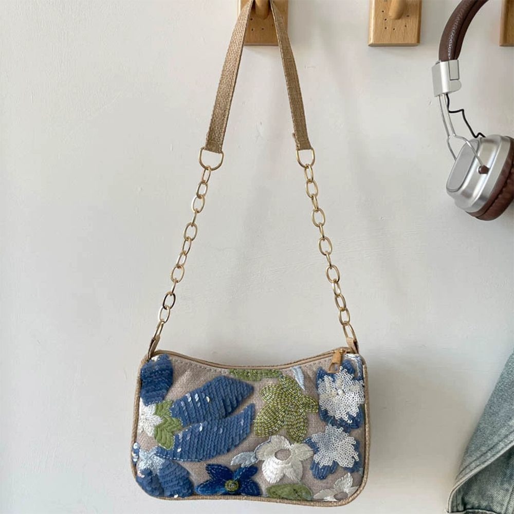 nsihing Schultertasche Damen Handtasche Blumenmuster,Schultertasche,bestickte Abendtasche, mit Kettenriemen,Handtasche für Hochzeit Party und Hochzeit – Bild 3 von 5