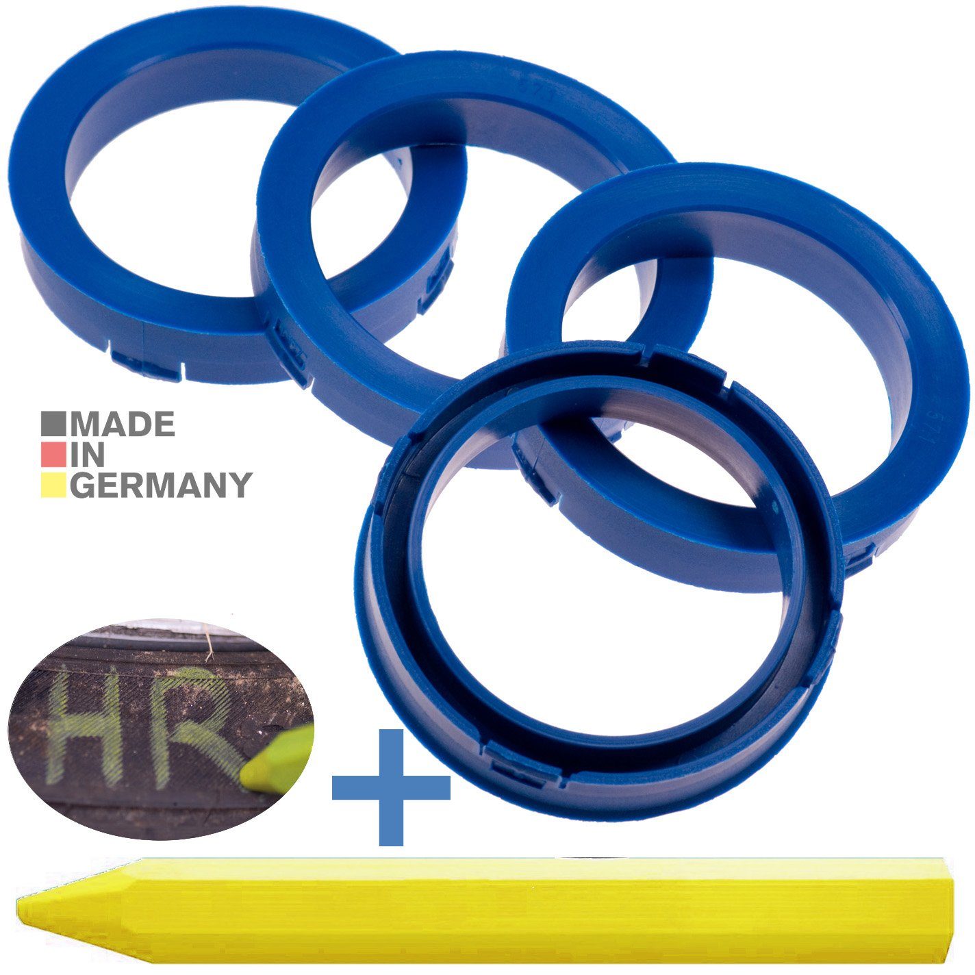 RKC Reifenstift 4X Zentrierringe Blau Felgen Ringe + 1x Reifen Kreide Fett Stift, Maße: 73,1 x 57,1 mm