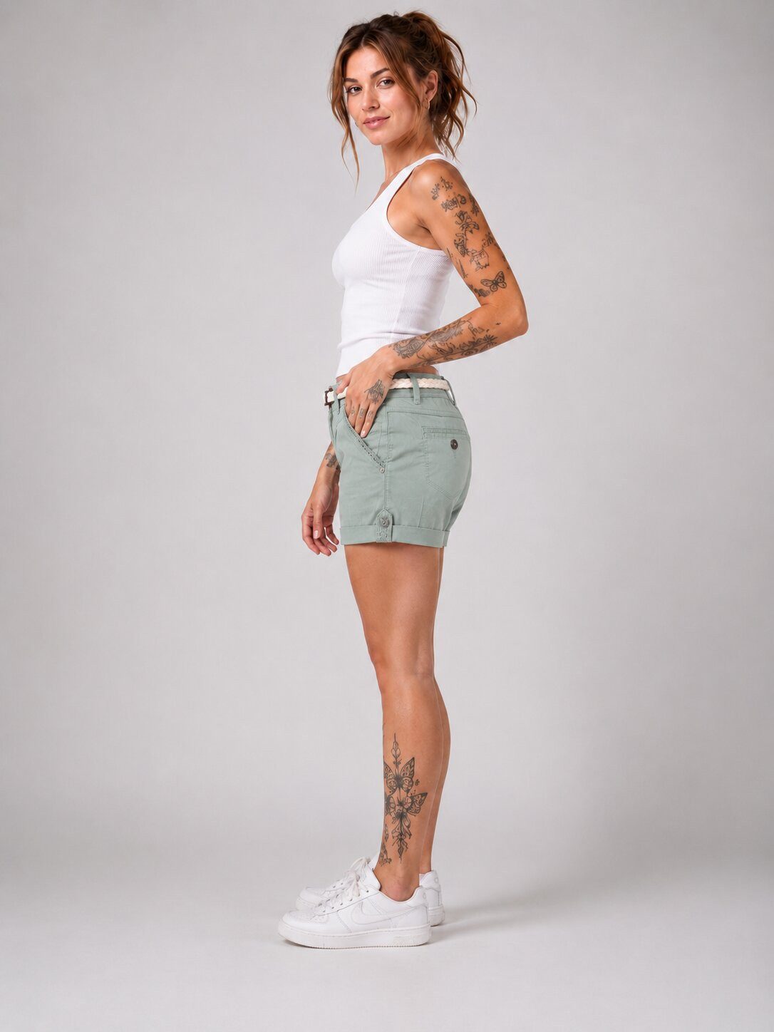 SUBLEVEL Shorts Damen Bermudas kurze Hose Baumwolle Hotpants Chino Sommer Hose Leichte Bermuda mit Stretchkomfort, Hotpant und Flechtgürtel – Bild 3 von 5