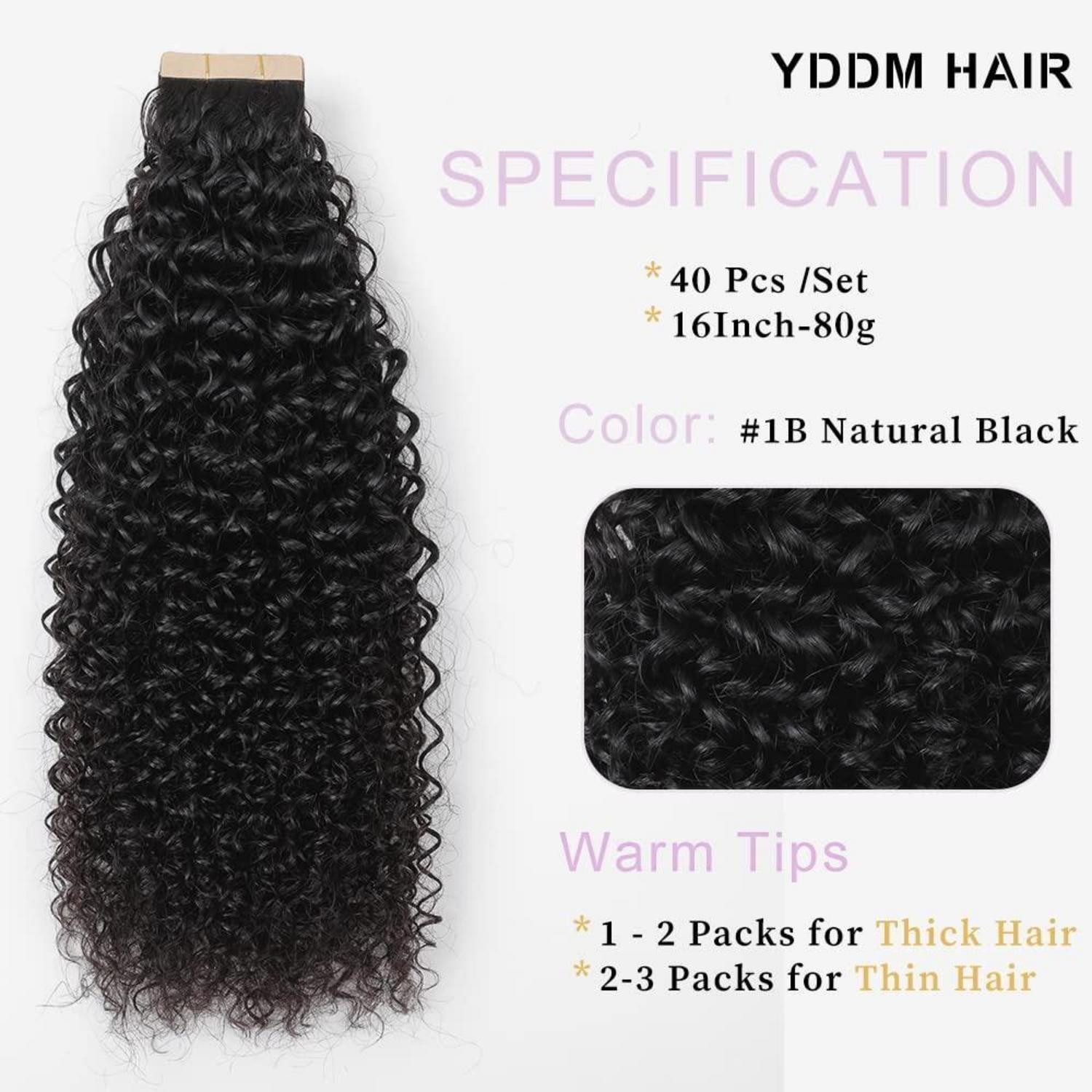 LuxusKollektion Echthaar-Extension Tape Extensions Echthaar Kinky Curly 1B# 16zoll-40.6cm(40er Pack)