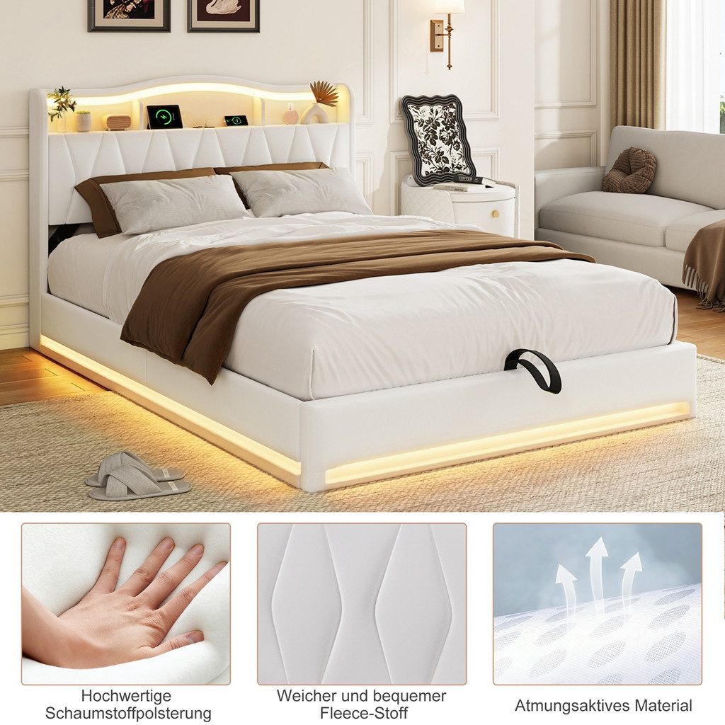 Simurq Polsterbett 140 x 200 cm Doppelbett mit LED Beleuchtung und Ladefunktion, Samt (LED, Ladestation, Hydraulisches Bett mit Bettkasten), Jugendbett Stauraum – Bild 5 von 5