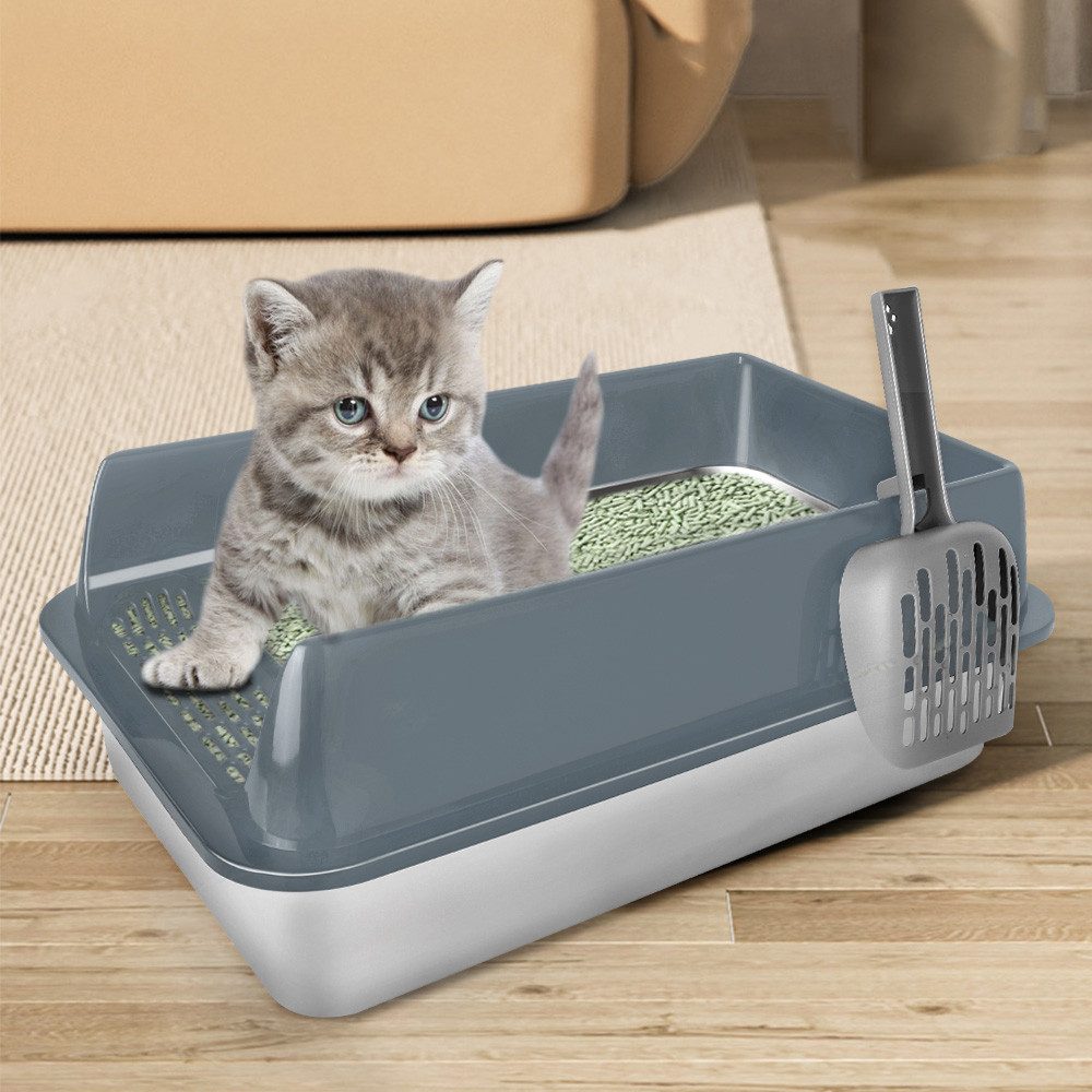 JEOBEST Katzentoilette Katzenklo Edelstahl XL, Offene Katzenklo, Nicht klebrig, mit Pedals und Schaufel, Geruchsfrei und langlebig