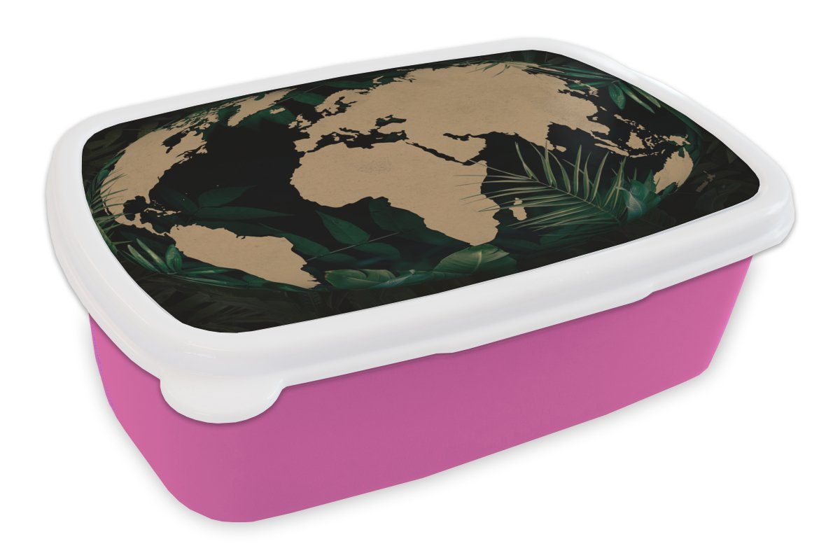 MuchoWow Lunchbox Weltkarte - Globus - Pflanzen, Kunststoff, (2-tlg), Brotbox für Erwachsene, Brotdose Kinder, Snackbox, Mädchen, Kunststoff rosa
