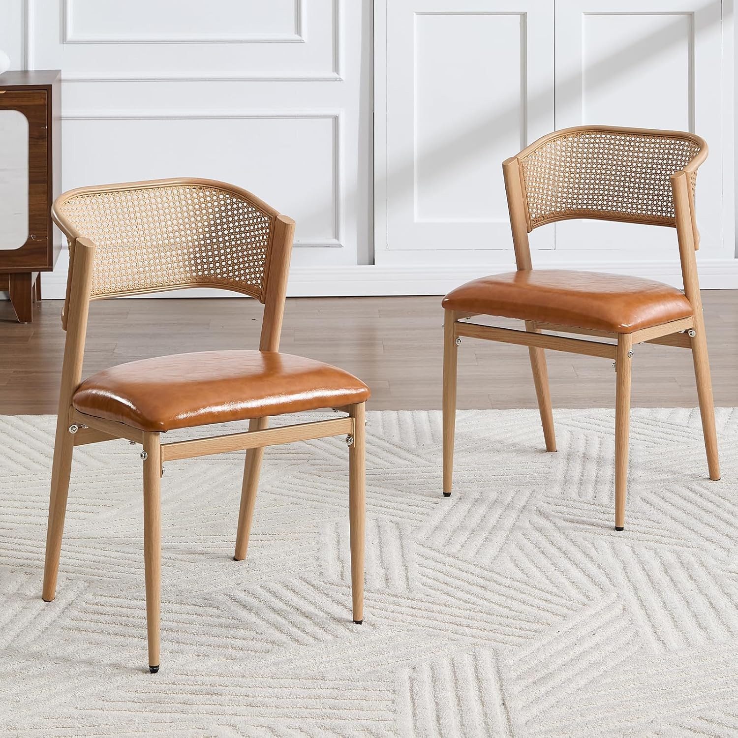 WAHSON OFFICE CHAIRS Esszimmerstuhl 2er Set Rattan-Esszimmerstühle, gepolstert, Leinen, Metallbeine – Bild 2 von 5
