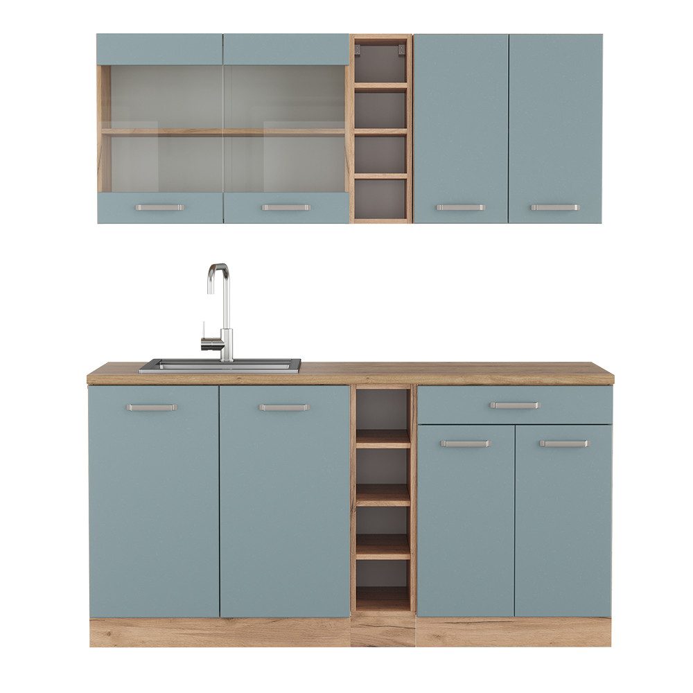 Vicco Кухніzeile R-Line, Blau-Grau/Goldkraft Eiche, 160 cm ohne Arbeitsplatte