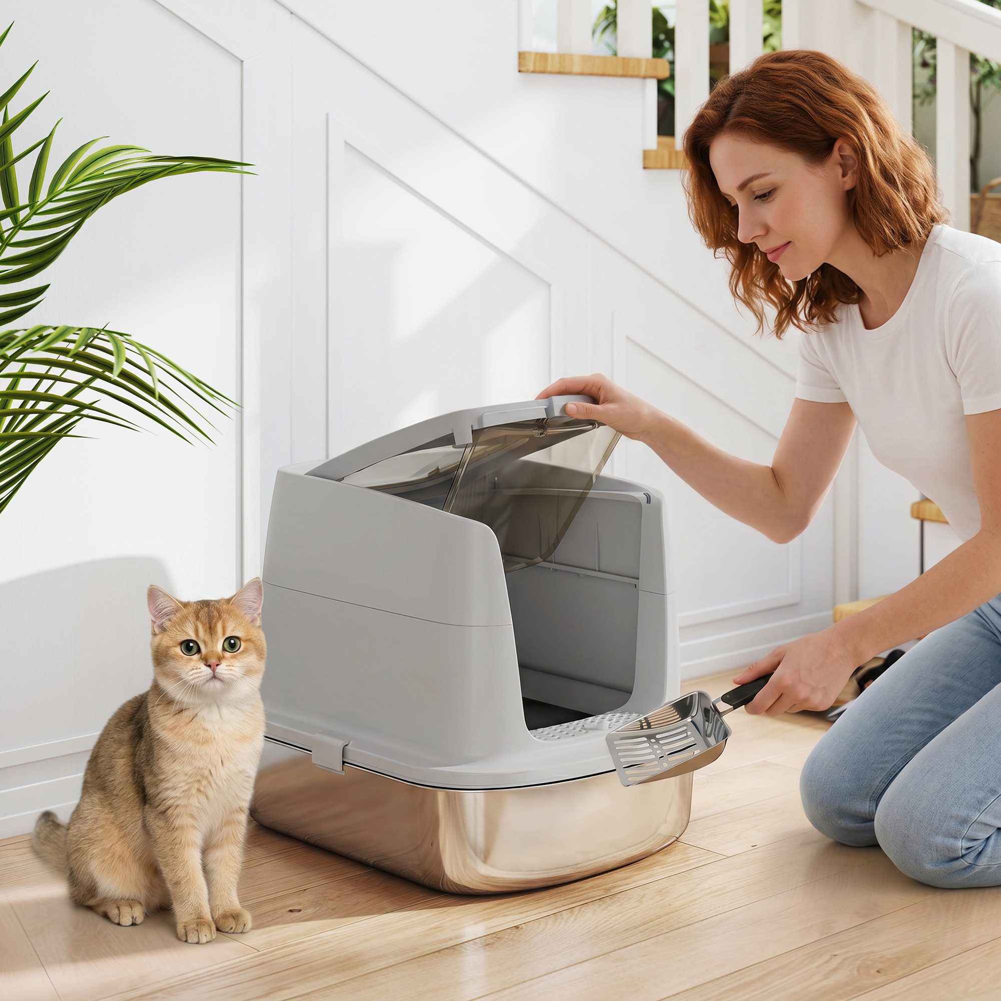 PawHut Katzentoilette mit Deckel, Schaufel Tablett, für Katzen bis 6 kg, Hellgrau