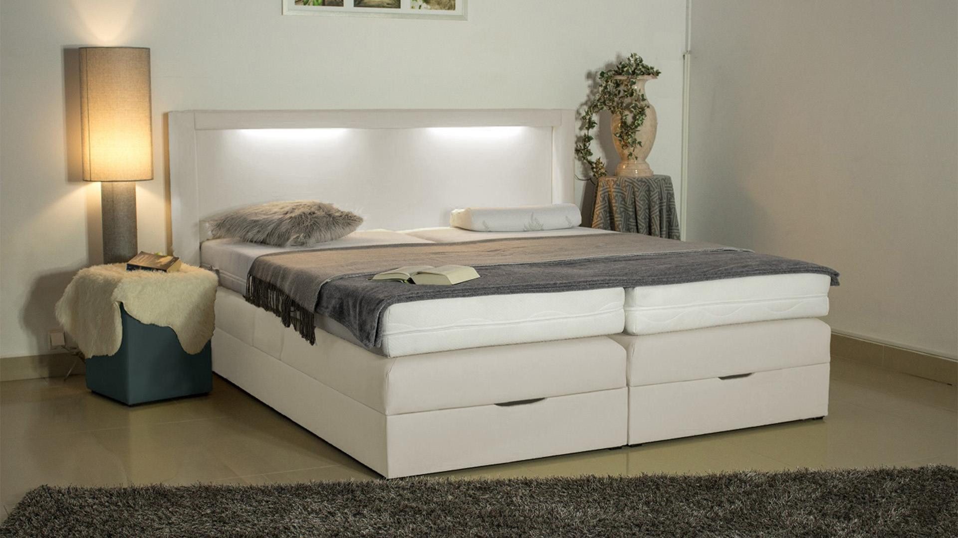 PAARA Boxspringbett Barcelona Bettkasten Kopfteil verstellbar LED Licht, inkl. Matratze und Topper, mit einzigartigem Belüftungssystem