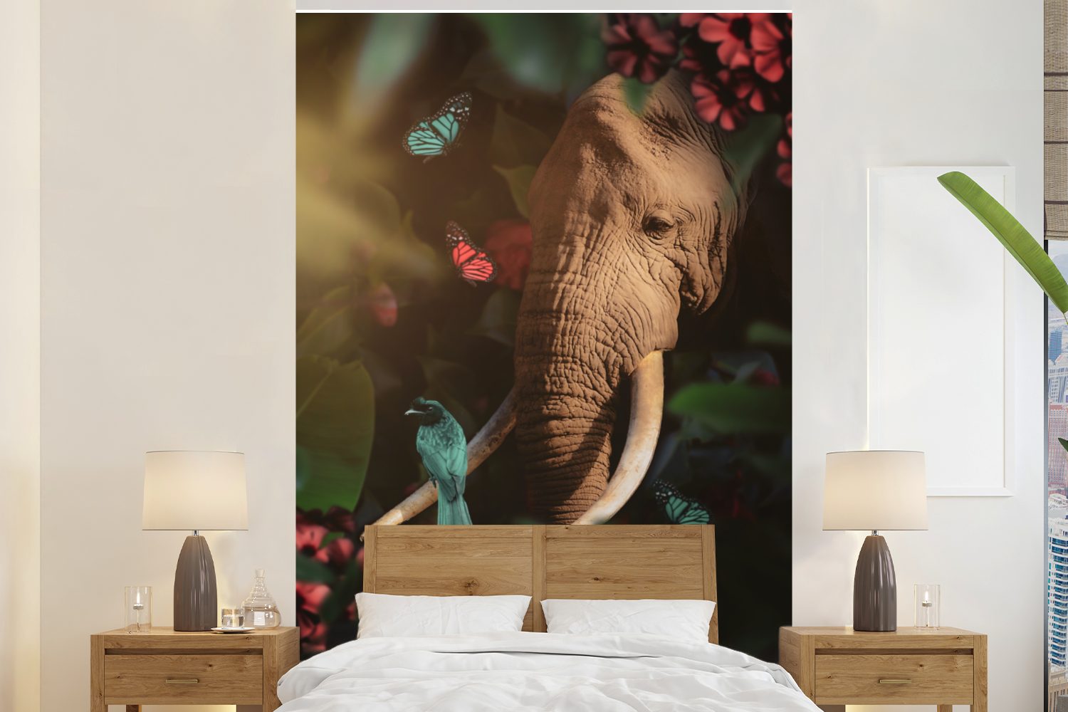 MuchoWow Fototapete Elefant - Vogel - Schmetterling - Dschungel, Matt, bedruckt, (3 St), Montagefertig Vinyl Tapete für Wohnzimmer, Wandtapete