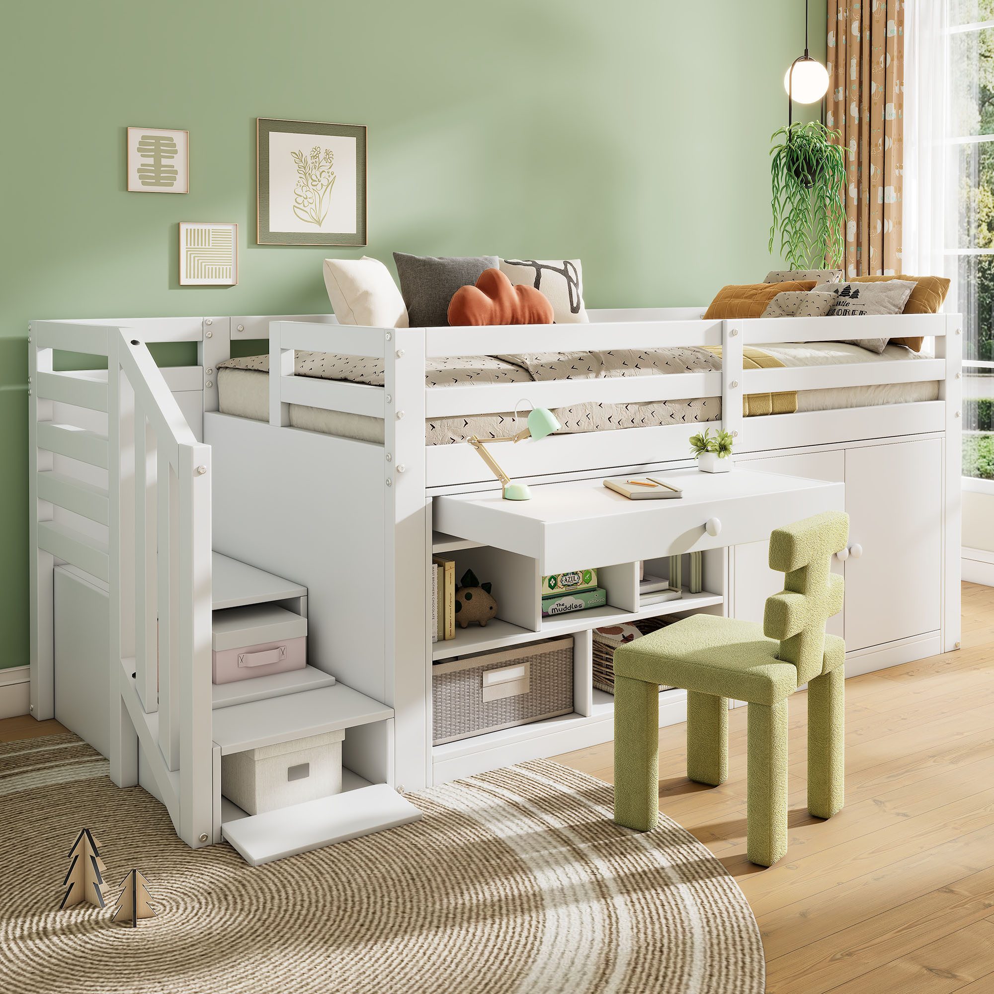 Flieks Hochbett Massivholz Kinderbett mit Schrank, Treppe und Leiter 90x200 günstig online kaufen
