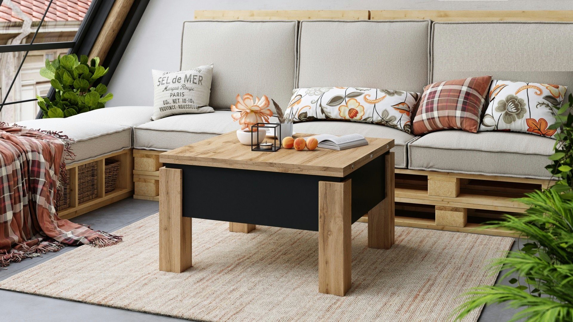 designimpex Couchtisch Design Couchtisch Tisch Oslo höhenverstellbar aufklappbar Esstisch Eiche Wotan / Schwarz matt