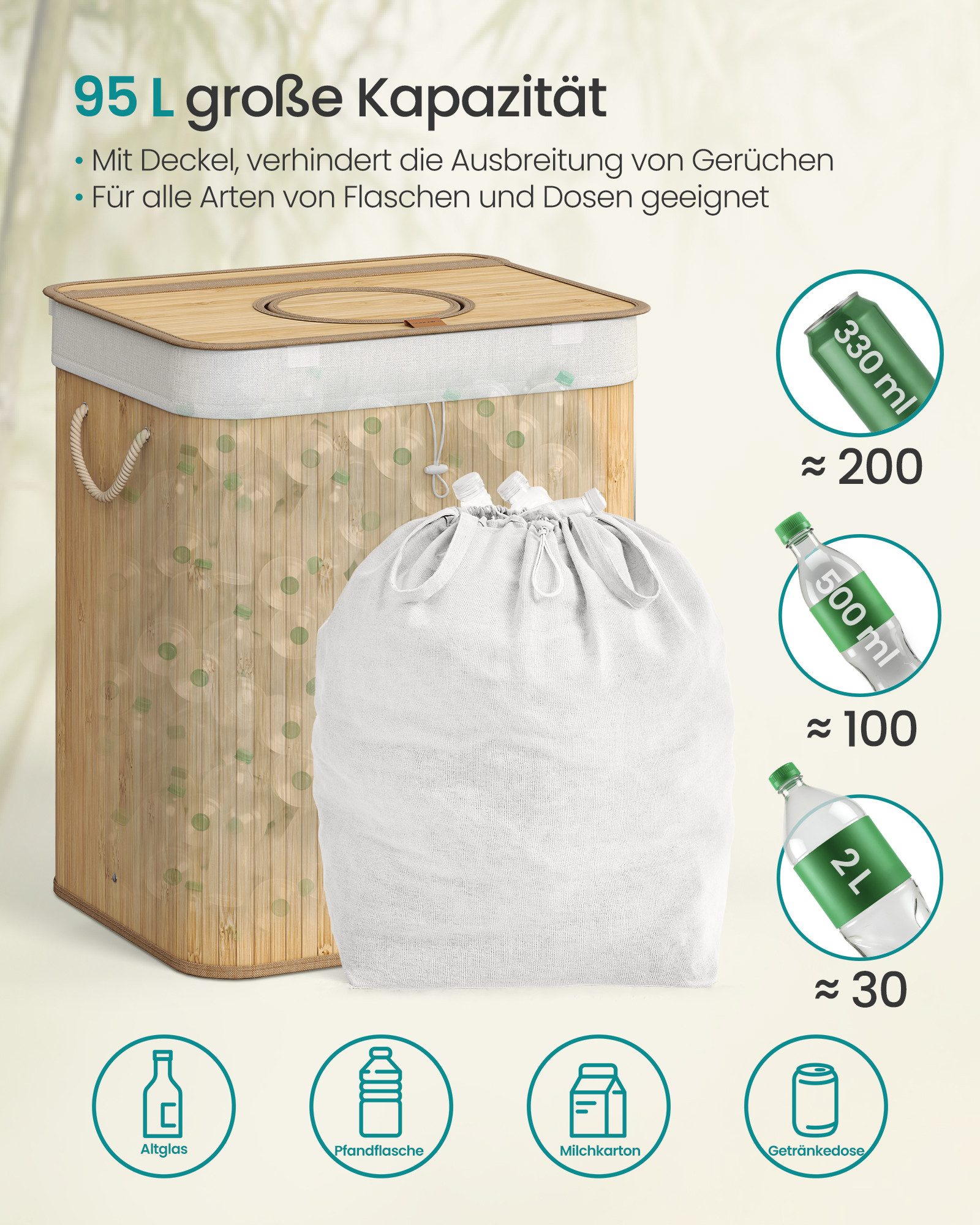 SONGMICS Flaschensammler, Pfandflaschen-Sammelbehälter, 95/120 L Pfandflaschen-Behälter, Bambus