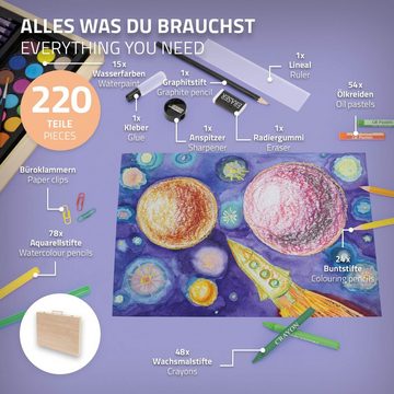 ECD Germany Malstift Malkoffer Künstler Set Zeichenset Pinselset, 220-Teilig Holzkoffer Filzstiften Wachsmalstiften Buntstiften