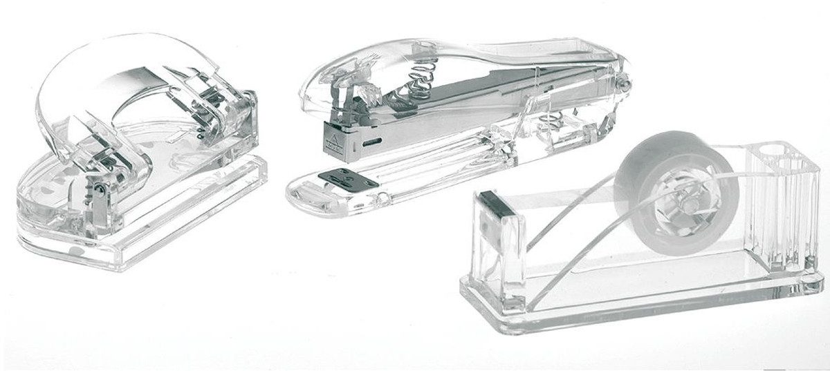 ALCO Tischaufsatz Schreibtischset Acryl Klebebandabroller / Locher / Heftgerät
