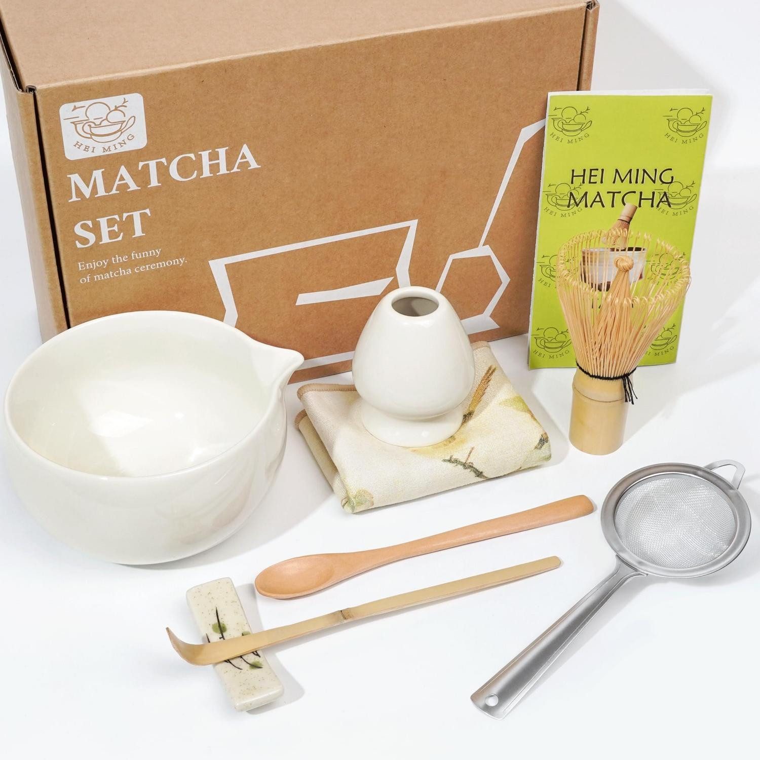 LuxusKollektion Schüssel Matcha Set Beige 8-teilig mit Schale Ausgießer, Keramik