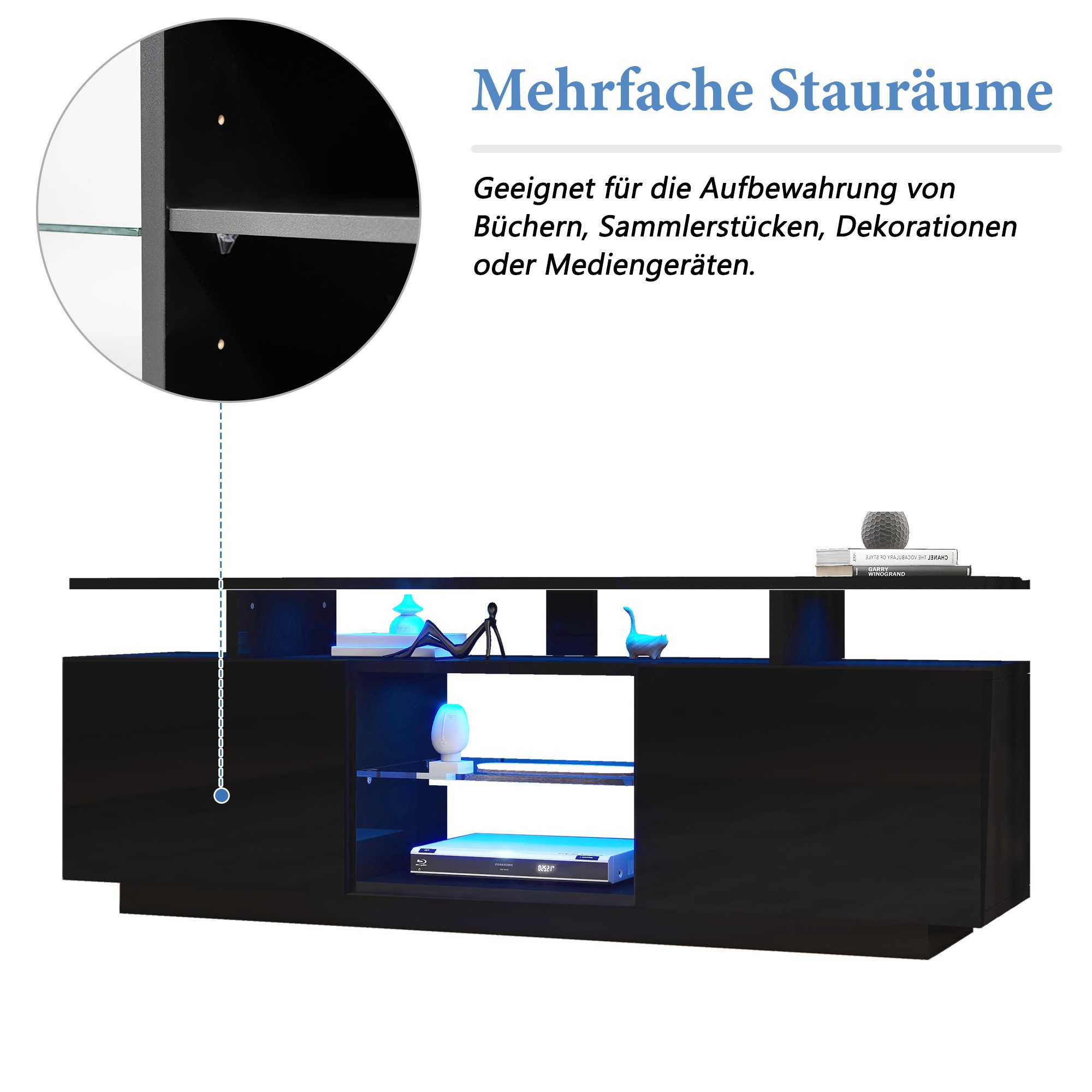 Merax TV-Schrank mit Hochglanzfront,Lowboard mit LED,Fernsehtisch,TV-Ständer,B:140cm
