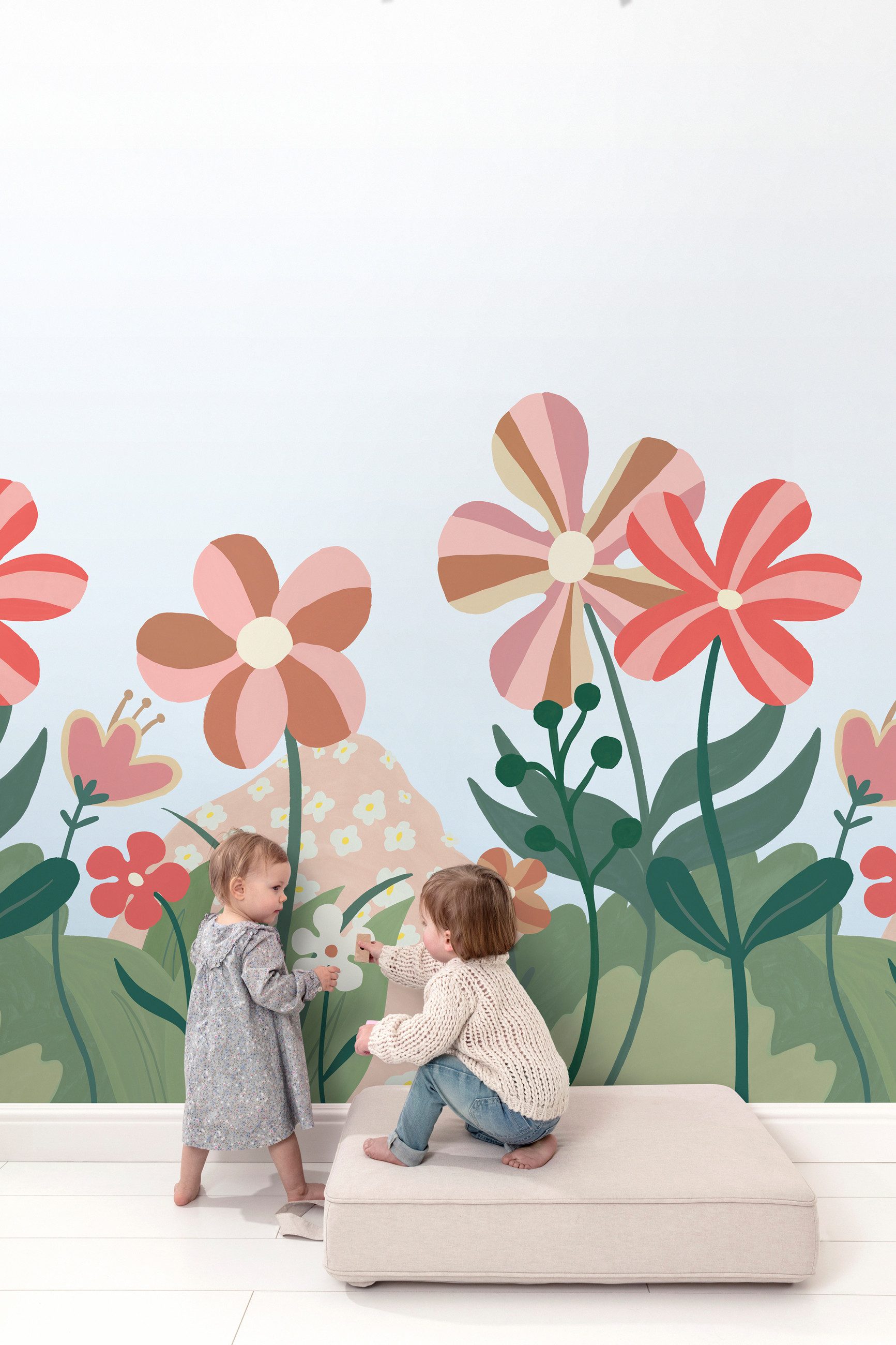 Rasch Fototapete Blumenwiese in Rosa, Roomblush Flower RB352 - 2,85m x 2,00m, glatt, floral, kindlich, gemustert, grafisch, mehrfarbig, Comic, (1 Rolle, 1 St)