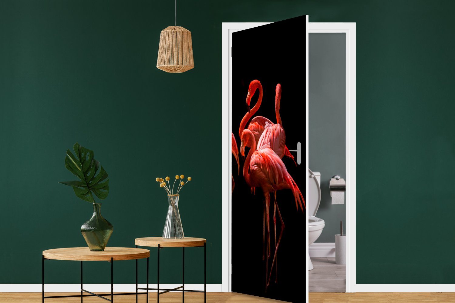 Flamingos - - Matt, Vögel (1 Türtapete Fototapete bedruckt, MuchoWow Schwarz, cm Türaufkleber, - Tür, Federn für St), 75x205