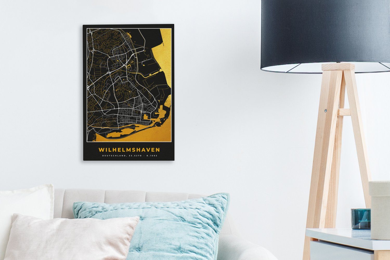 OneMillionCanvasses® Leinwandbild Karte bespannt Zackenaufhänger, Gold, Stadtplan Leinwandbild - - Deutschland St), 20x30 fertig - Gemälde, - inkl. Wilhelmshaven cm (1