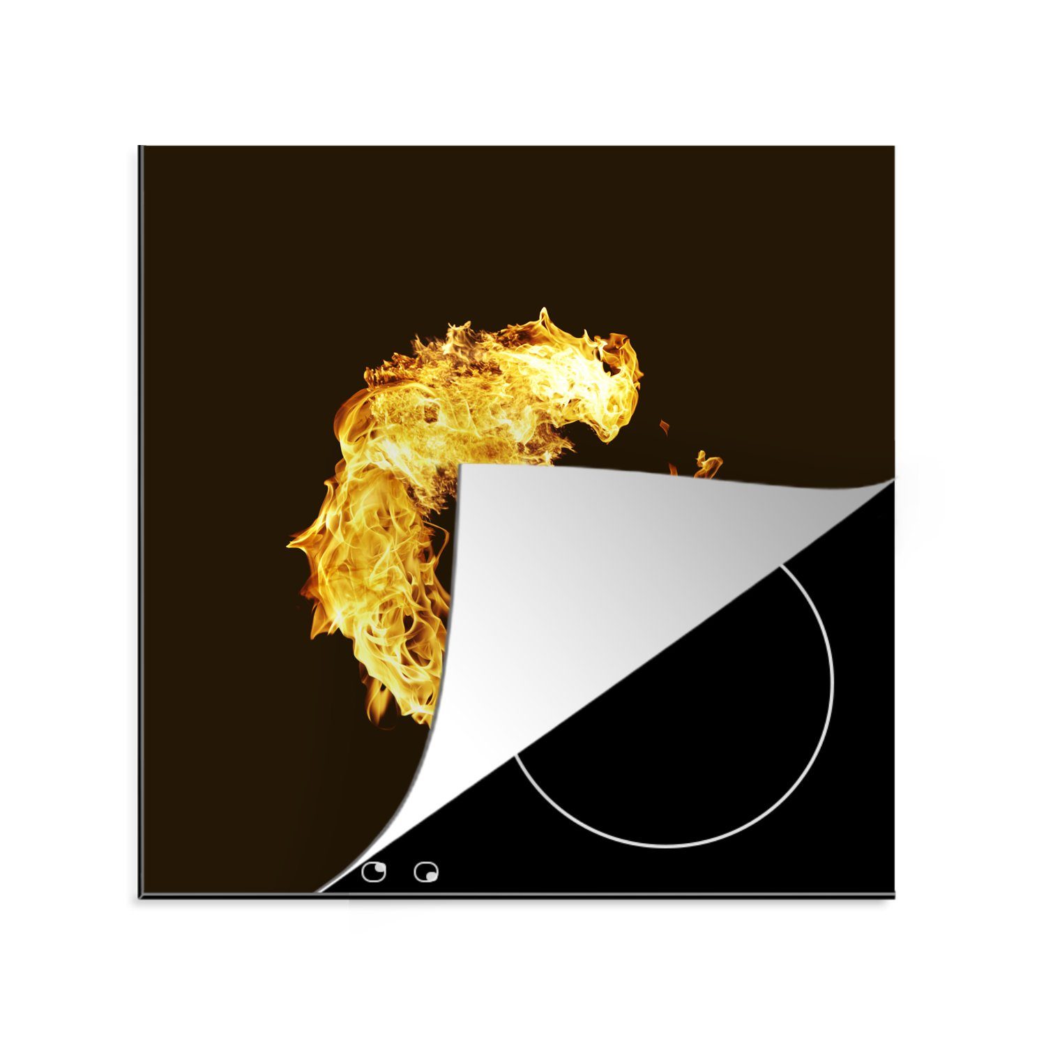 MuchoWow Herdblende-/Abdeckplatte Gelbe Flammen des Feuers bilden einen Kreis auf schwarzem Hintergrund, Vinyl, (1 tlg), 78x78 cm, Ceranfeldabdeckung, Arbeitsplatte für küche