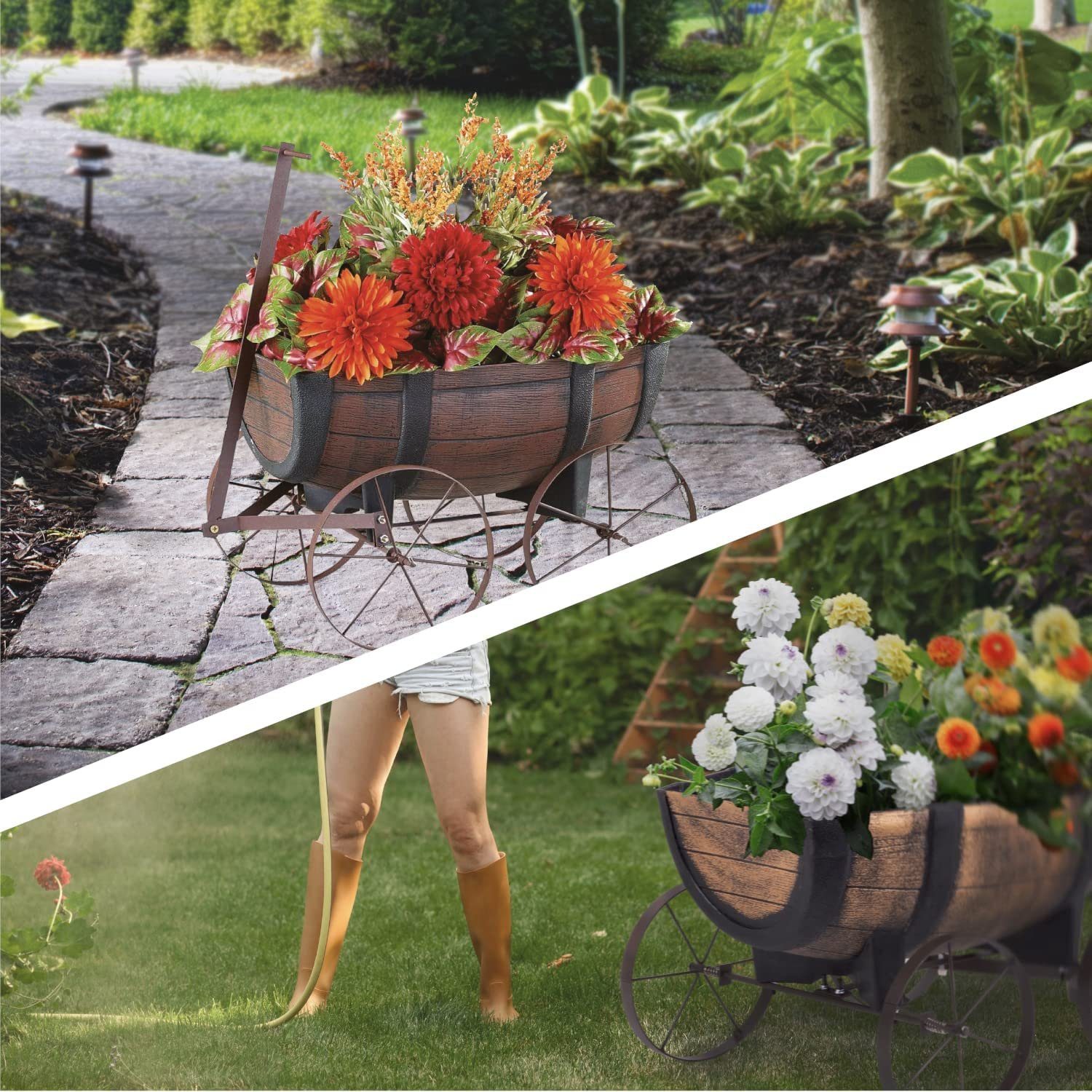 PROREGAL® Blumentopf Pflanzenwagen Whiskyfass, Maße 41x29x19cm, Blumenwagen auf Rädern – Bild 4 von 5
