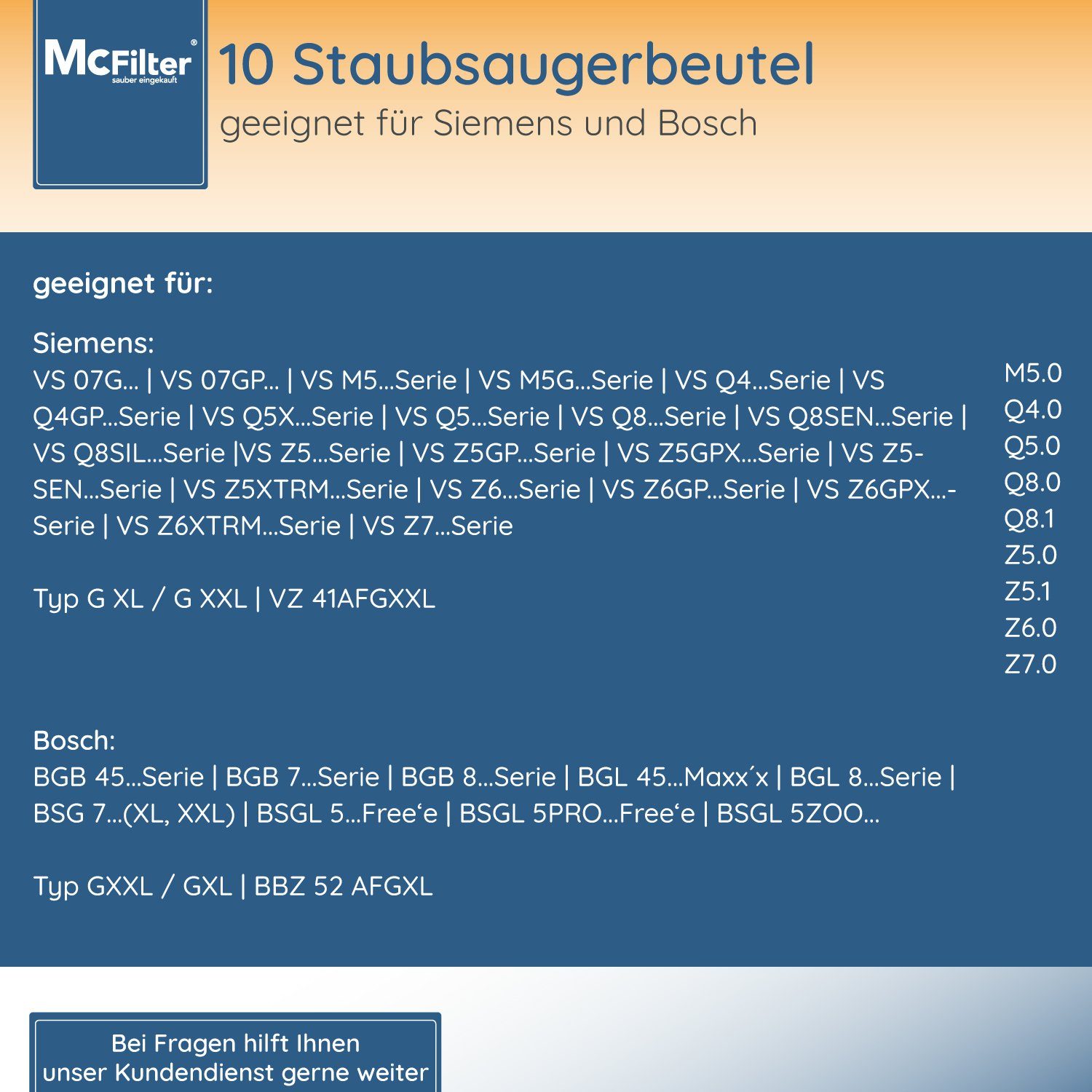 für passend Beutel McFilter 5-lagiger Filter Staubsauger, St., VSZ7442S mit Siemens 10 Staubsaugerbeutel, Hygieneverschluss, inkl.