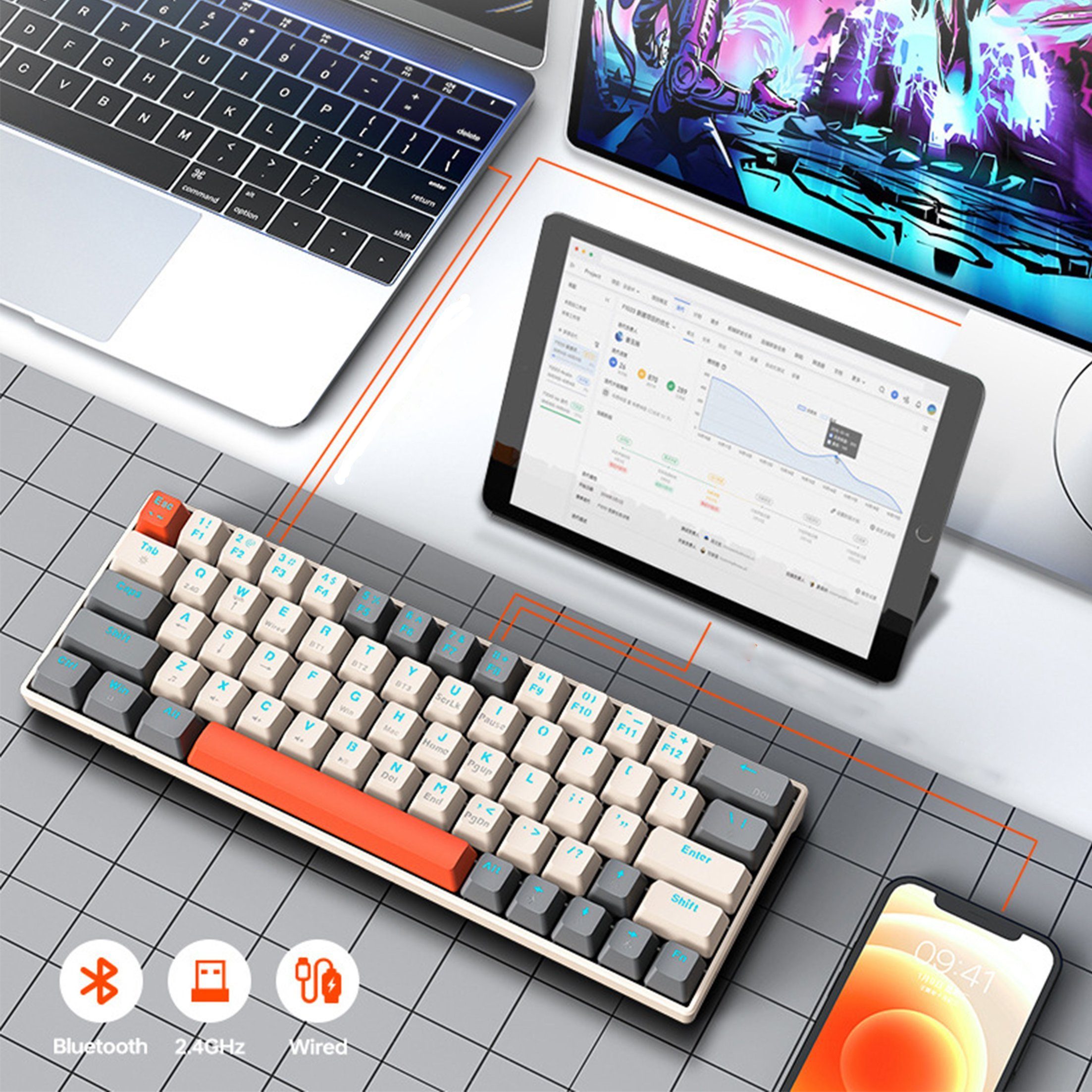 KINSI Mechanische Tastatur,Kabellose/Kabelgebundene Tastatur,Bluetooth Gaming-Tastatur (RGB-Beleuchtung)
