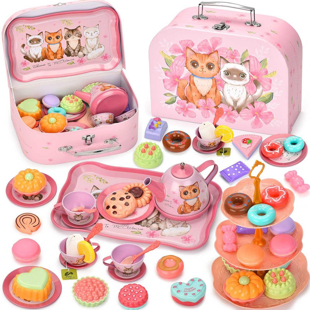 CLTYQ Spielgeschirr Kätzchen Tee-Set, Rosa 49-teilig, günstig online kaufen