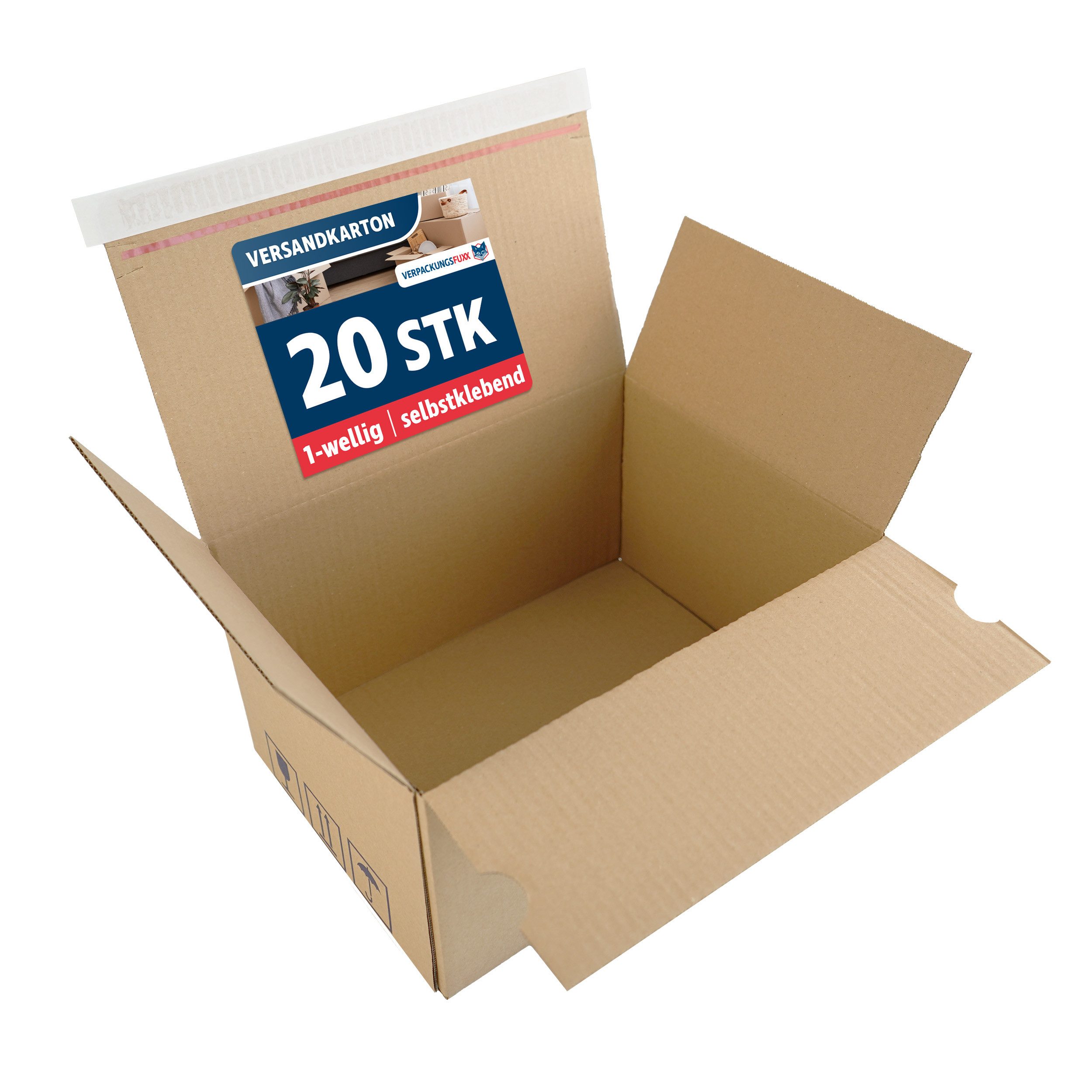 VERPACKUNGSFUXX Versandkarton Karton mit Automatikboden 31 x 23 x 16 cm, 20 Stk., mit Selbstklebeverschluss und Aufreißfaden, 1-wellig