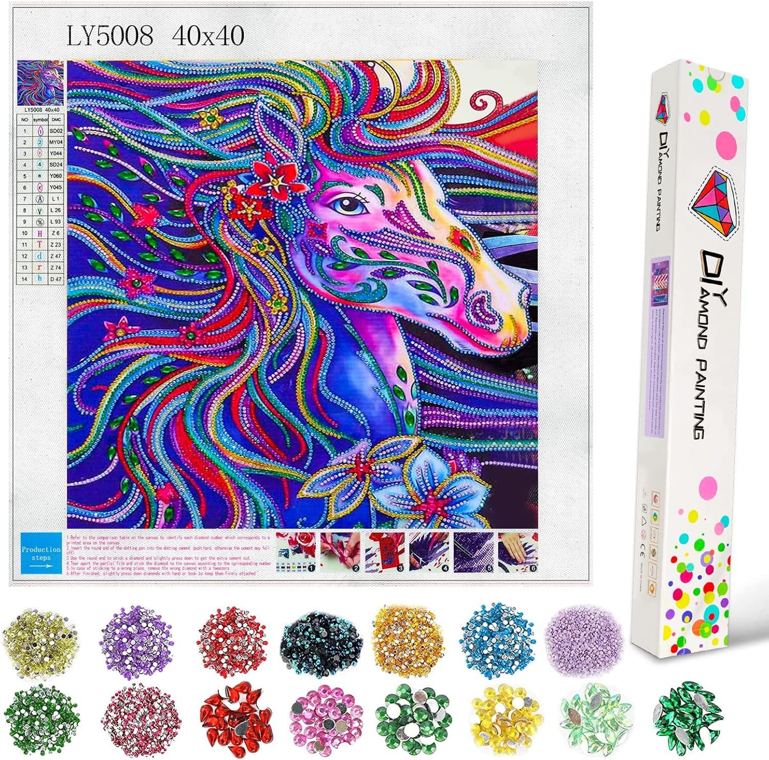 LA CUTE Malen nach Zahlen DIY 5D Pferd Diamond Painting Bastelset für Kinder & Erwachsene (DIY Diamond Painting Kunstset für Kinder & Erwachsene mit Motiv, Komplettset mit Pferd-Motiv, 5D Diamond Painting mit Zubehör), Selbstklebende Leinwand, funkelnde Diamanten, einfache Anwendung