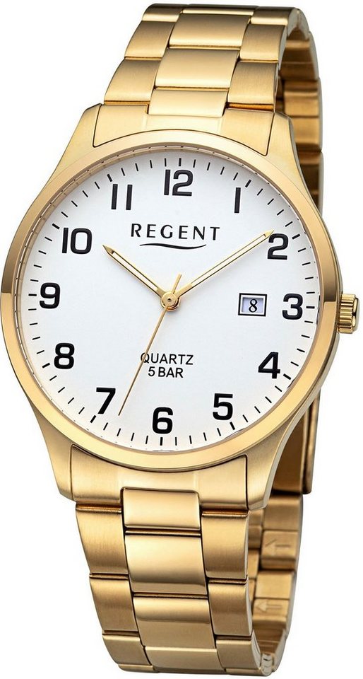 Regent Quarzuhr F1418 - 18554599, Edelstahlgehäuse, goldfarben  IP-beschichtet, Ø ca. 39 mm