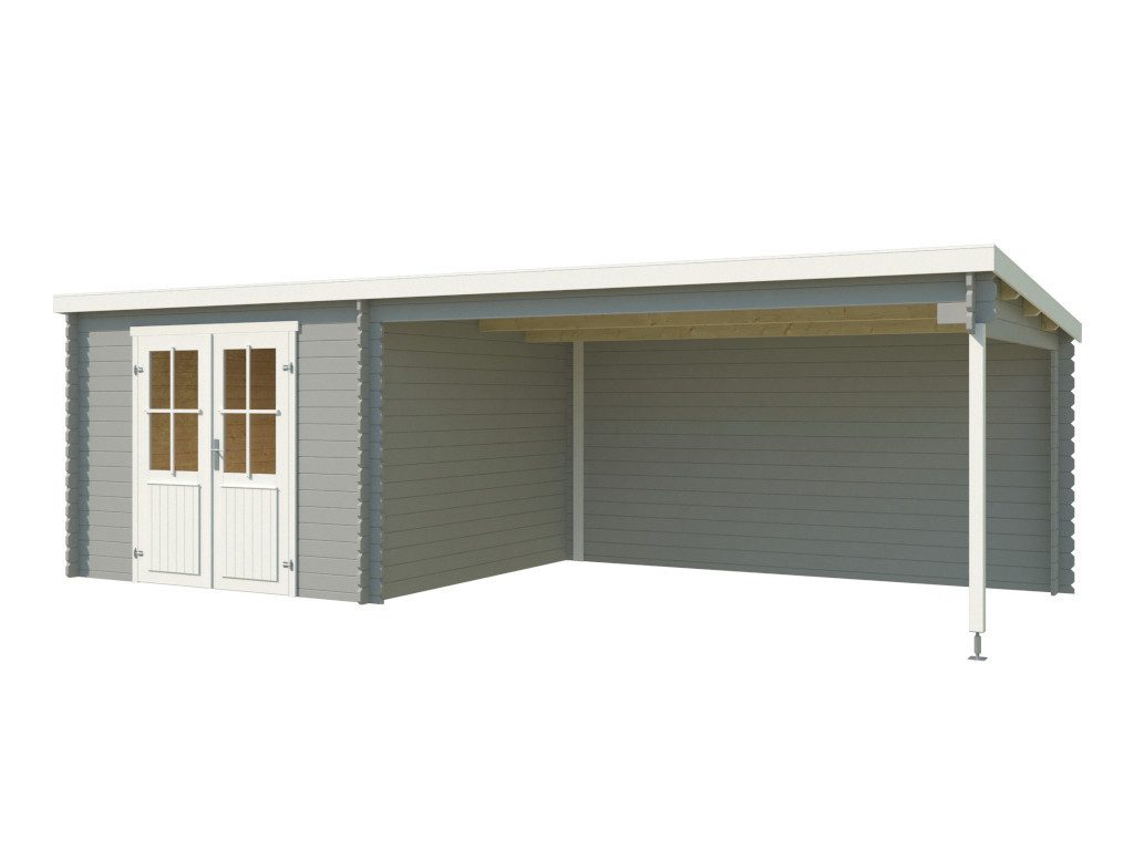 LASITA MAJA Gartenhaus Lasita Blockbohlenhaus St. Louis Exklusiv 28 mm hellgrau m. Anbau, BxT: 695x309 cm, Anbaudach, 28 mm Wandstärke, Einzeltür mit Echtglas-Einsätzen