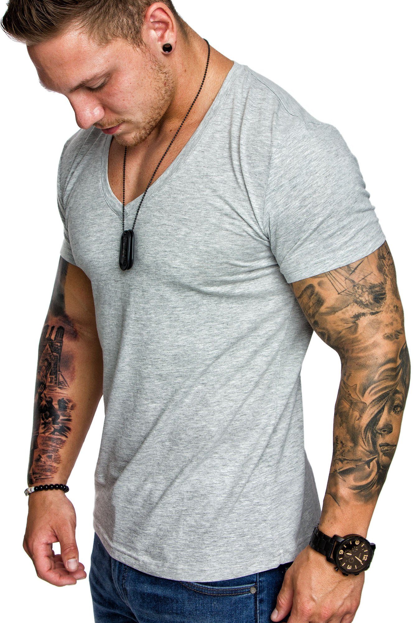 Amaci&Sons T-Shirt EUGENE Basic T-Shirt mit V-Ausschnitt Herren Einfarbig Vintage V-Neck Basic V-Ausschnitt Shirt Grau Melange