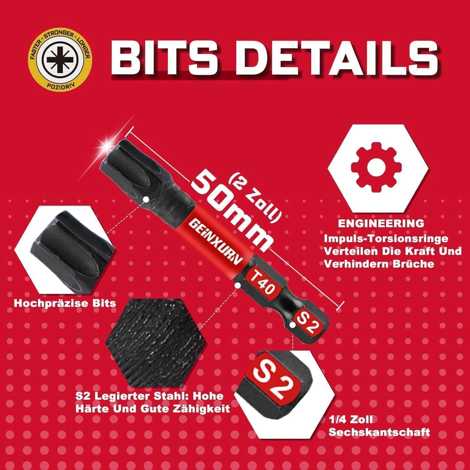 LuxusKollektion Torx-Bit Schlagfester Schrauberbitsatz T40 50mm m. Bit-Halter