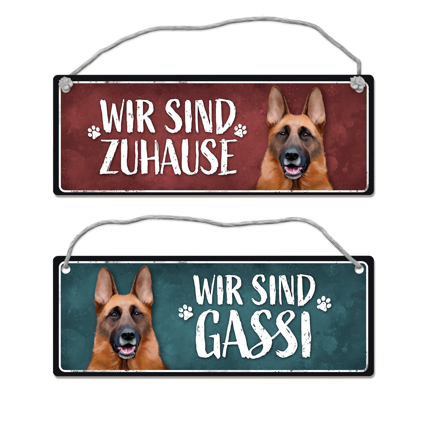 Metallschild Wir sind Gassi/Zuhause Schäferhund Wendeschild mit Kordel Schild
