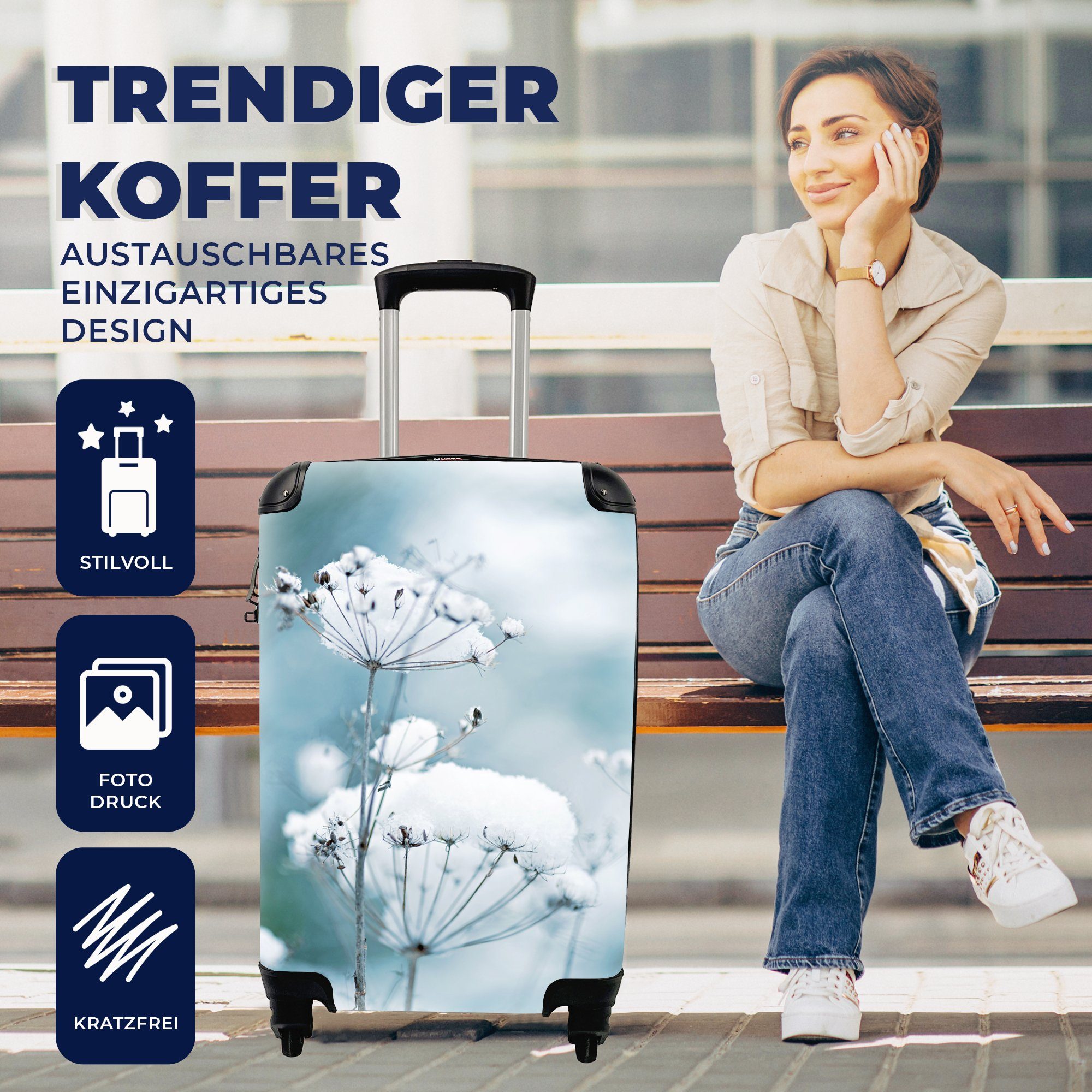 Handgepäckkoffer Reisetasche Rollen, mit - Schnee Handgepäck Trolley, für MuchoWow rollen, Reisekoffer Winter - Zweige, 4 Blumen - Ferien,