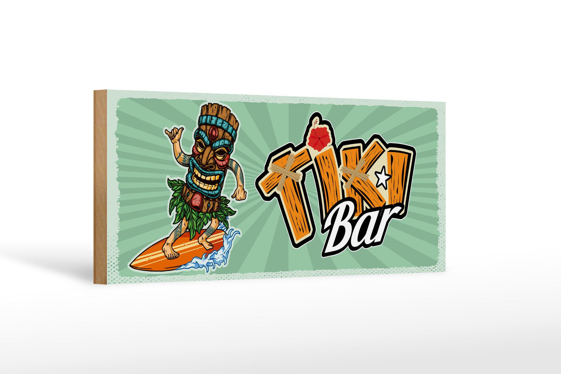 Femer GmbH Holzbild Hinweis 27x10 cm Tiki Bar Surfer, (1 St), Glatte Holzfaserplatte (MDF), vorn beschichtet