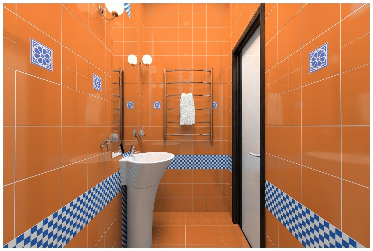 Wallario Wandfolie, Modernes Badezimmer in orange mit blauen Fliesen, in verschiedenen Ausführungen