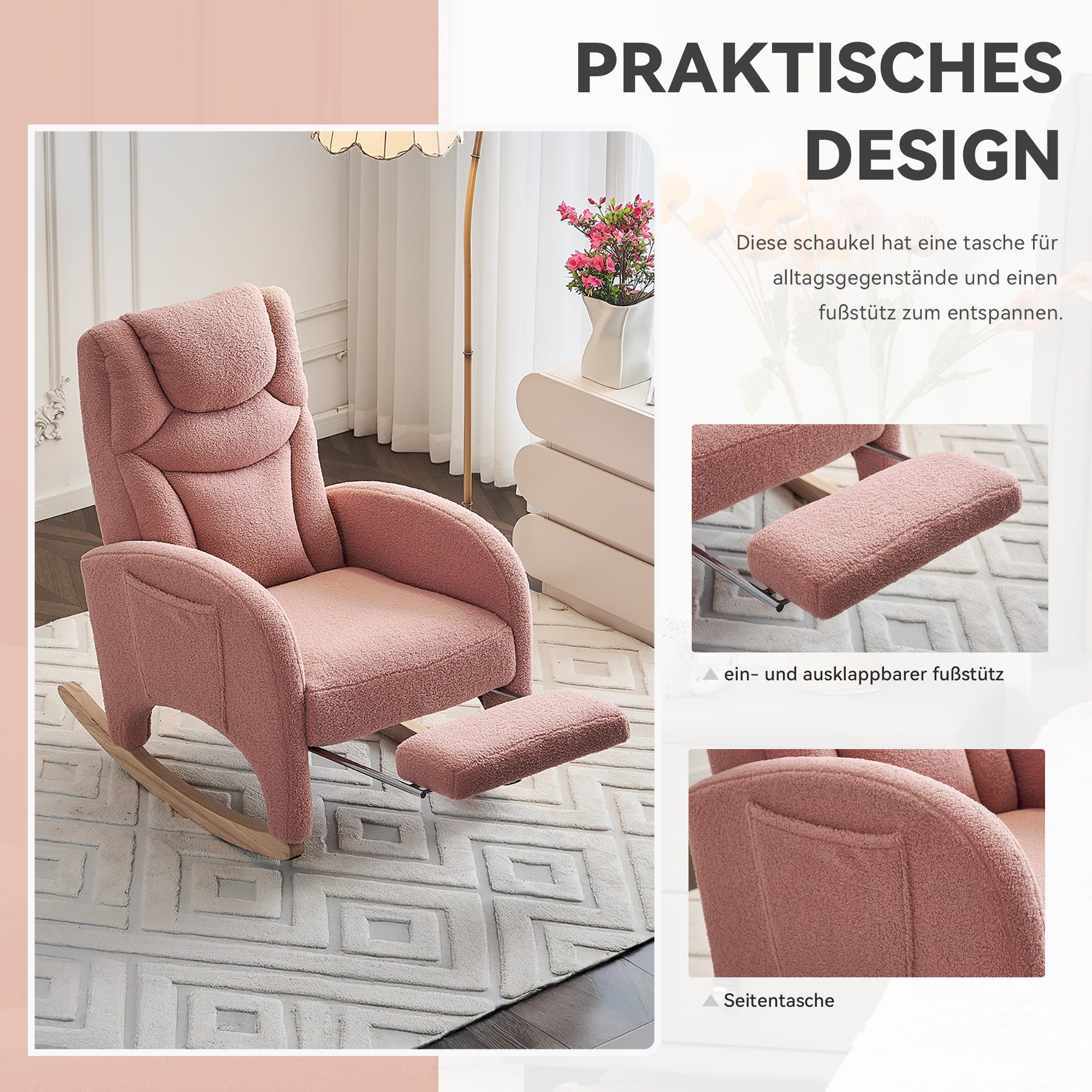 REDOM Schaukelstuhl Moderner Liegestuhl, Relaxsessel (mit Hocker, gepolsterter Freizeitstuhl aus Teddy-Stoff), mit Armlehnen