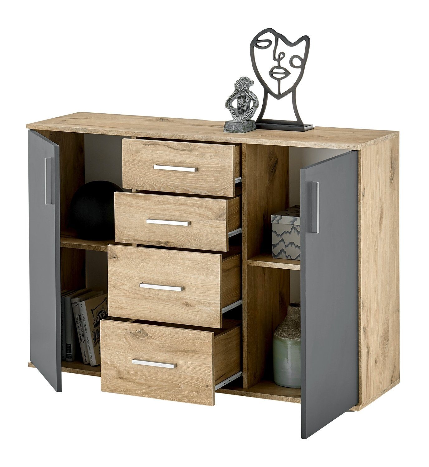 Bega Consult Kommode BC 1040, Grau matt, Viking Eiche Dekor, 2 Türen, 4 Schubladen, B 120 x H 84 x T 35 cm