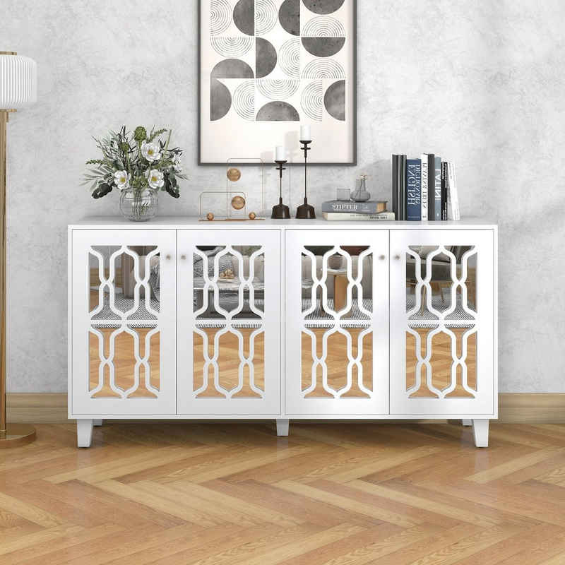 BlingBin Sideboard verspiegelte Anrichte mit kühlen Kristallgriffen Breite 160CM (Vier Türen, mit beweglichem Laminat), Gesamtabmessungen:160 x 40 x 84(cm)