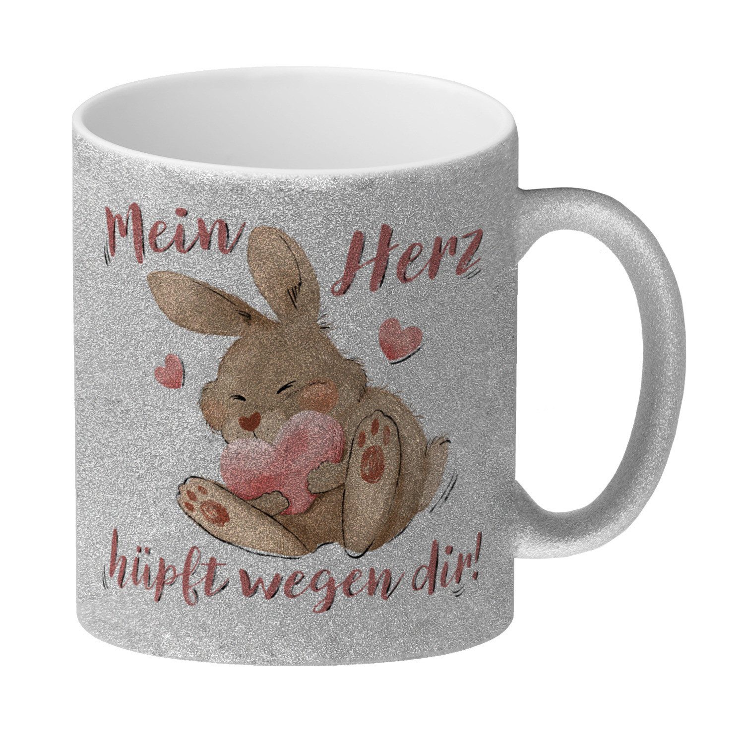 speecheese Tasse Hase GlitzerKaffeebecher mit Spruch Mein Herz hüpft