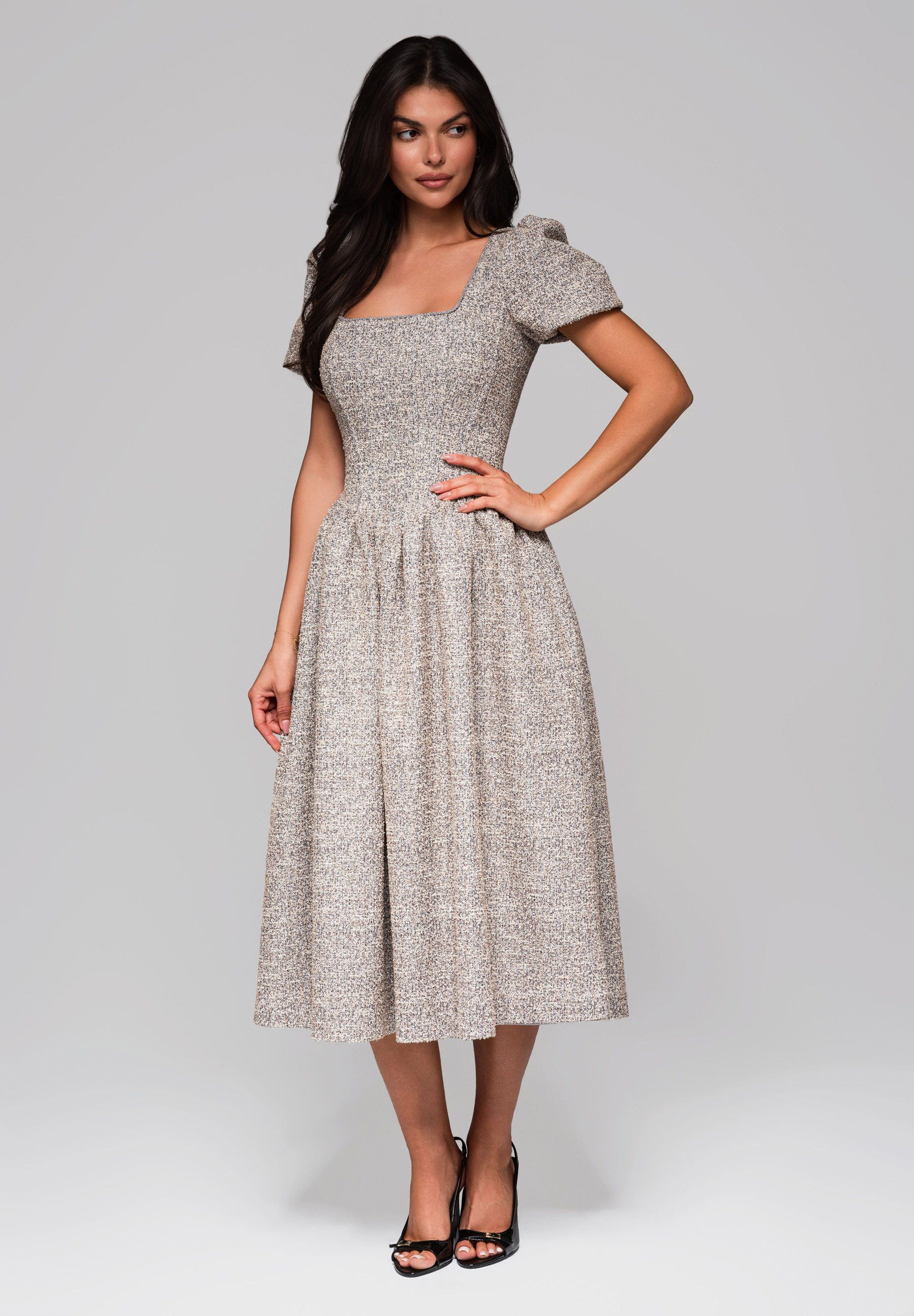 OMBRE Abendkleid Midikleid mit Puffärmeln und eckigem Ausschnitt