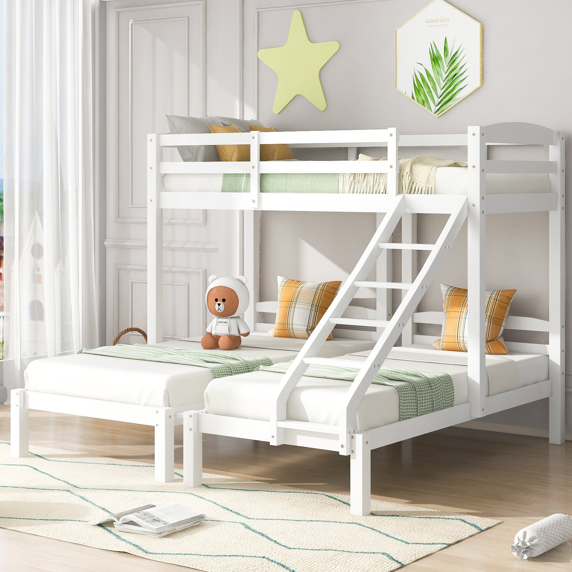 SOFTWEARY Etagenbett Hochbett mit 3 Schlafgelegenheiten und Lattenrost  (90x200 cm), Holzbett aus Kieferholz, Kinderbett mit Rausfallschutz
