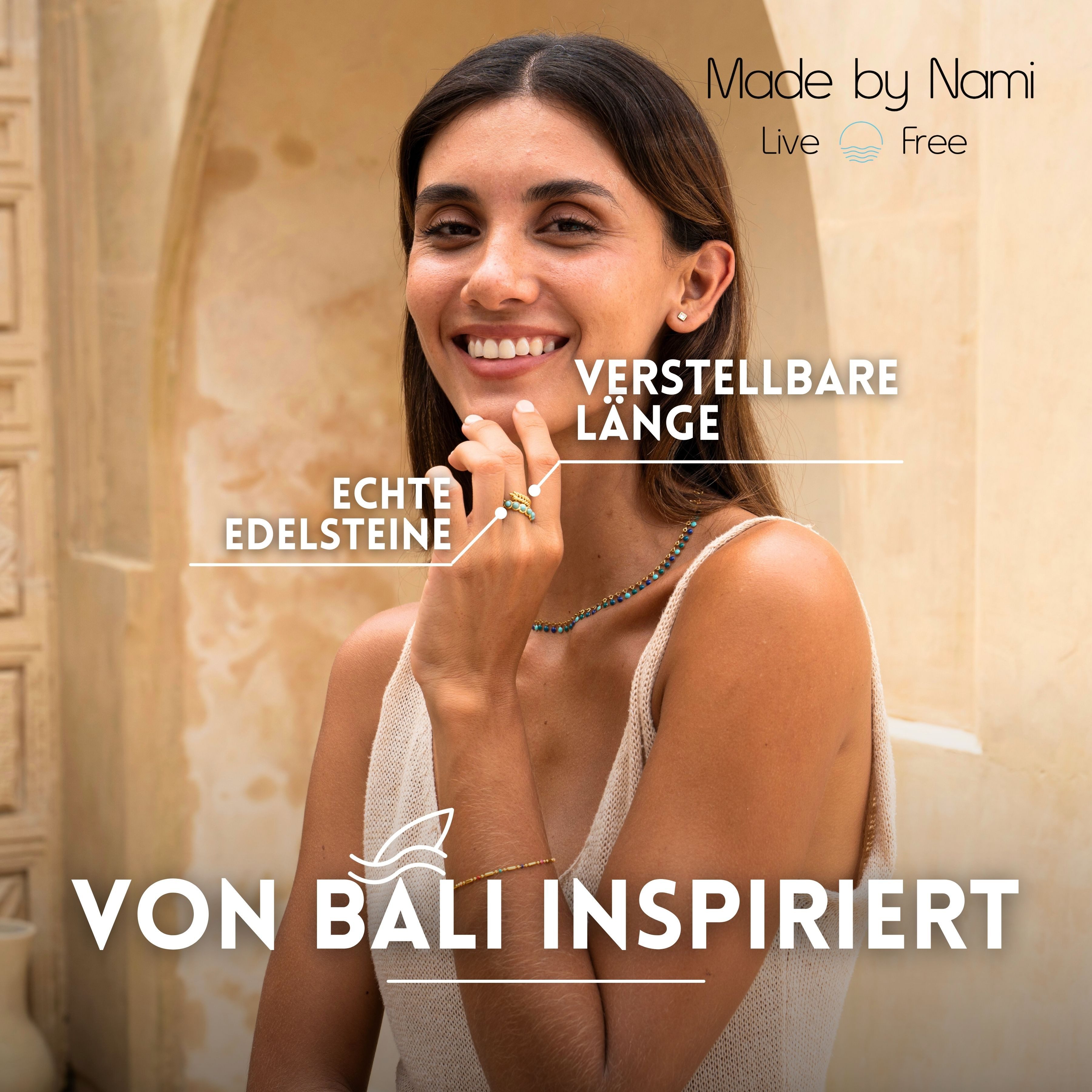 Made by Nami Fingerring Damen Gold aus Chirurgischem Edelstahl Edelstein Feder-Design, Verstellbar Boho Schmuck Wasserfester Schmuck Festival Accessoires