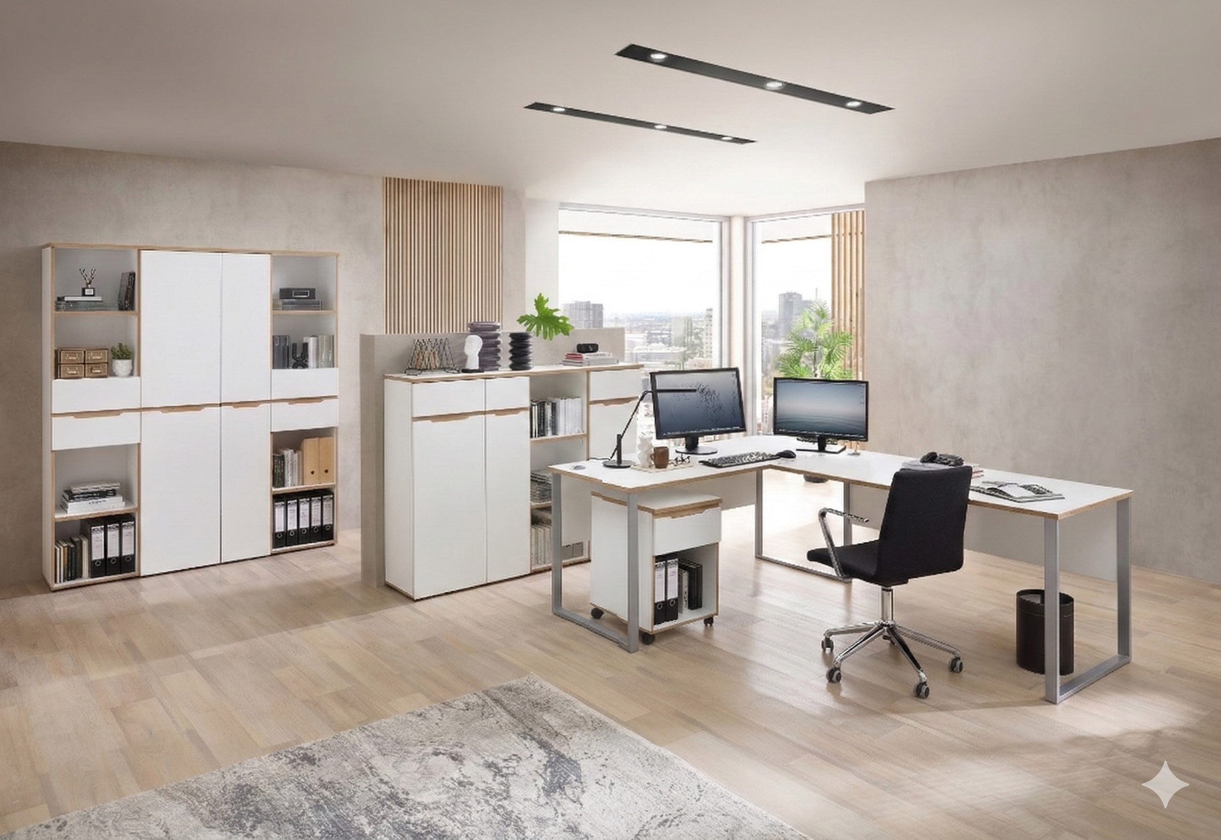 Innostyle Büromöbel-Set Komplettbüro MEMPHIS IV Weiß/-Artisan Eiche 8-teiliges Set inkl. Tisch, (Komplett-Set, 8-tlg., 3x Schrank, 3x Regal, 1x Schreibtisch, 1x Rollcontainer)