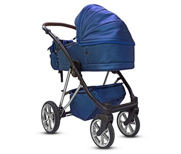 TPFLiving Kombi-Kinderwagen 3in1 Musse Royal, Baby Buggy Babywanne 5-Punkt-Sicherheitsgurt, Zubehör-Set Kinderwagen 3 in 1 Kunstleder Blau, Gestell Silber